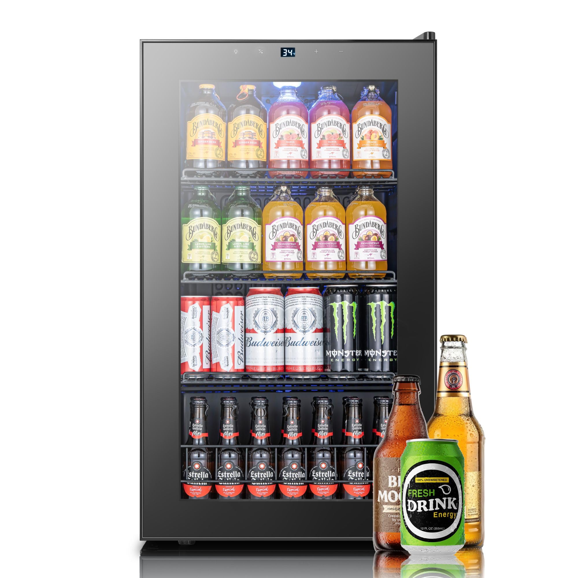 Yeego Beverage Refrigerator, 130 Can Mini Fridge with Glass Door, Adjustable Shelves, Digital Temperature Control 34°F-54°F, Drink Cooler for Soda, Beer and Wine, Freestanding or Under Counter, Black | Fridge.com