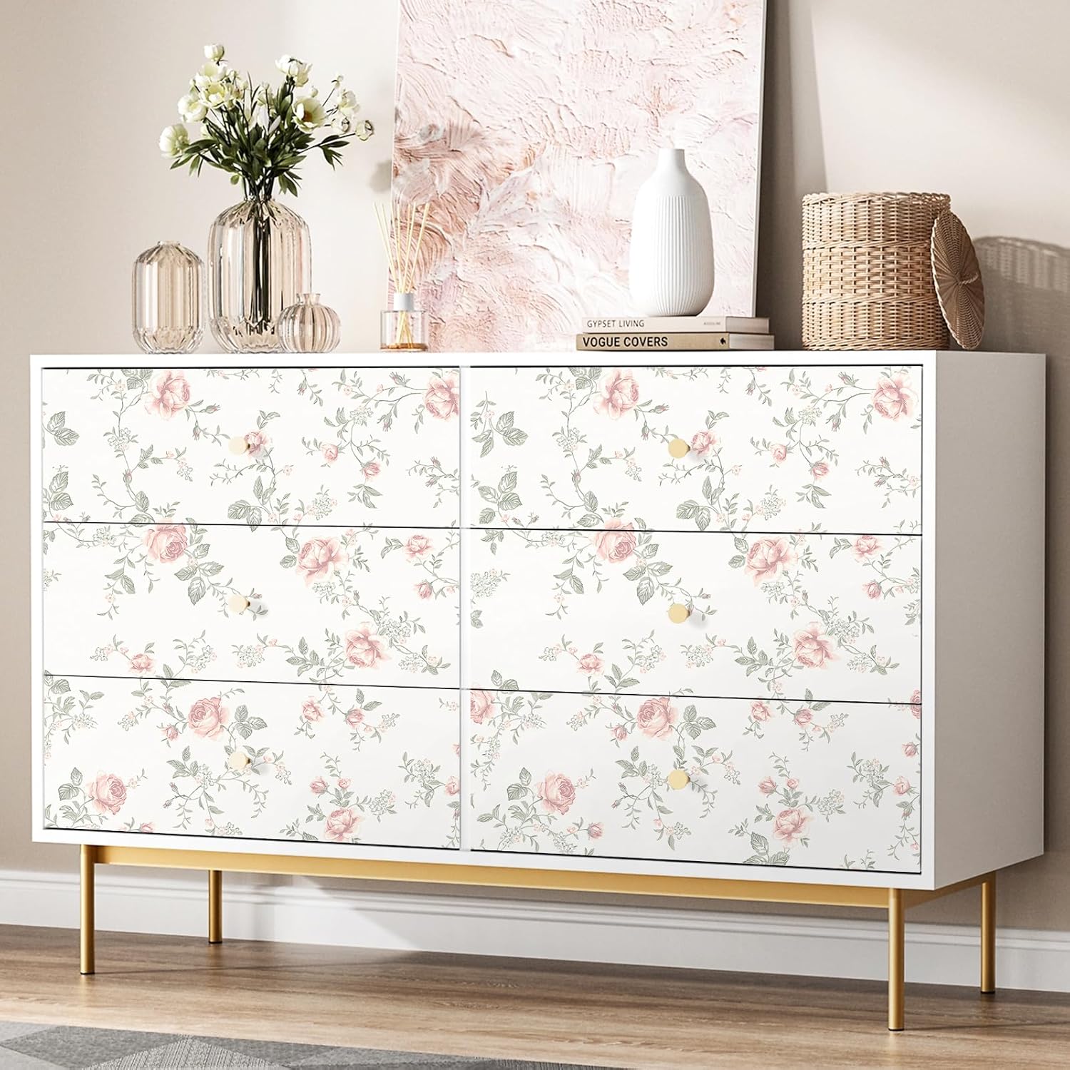 Floral Peel and Stick Wallpaper Boho Flower and Leaf Contact Paper Removable Self Adhesive Waterproof Wall Paper for Decorative Bedroom Bathroom Home Wall Furniture Decal 17.32inW 118.11inL