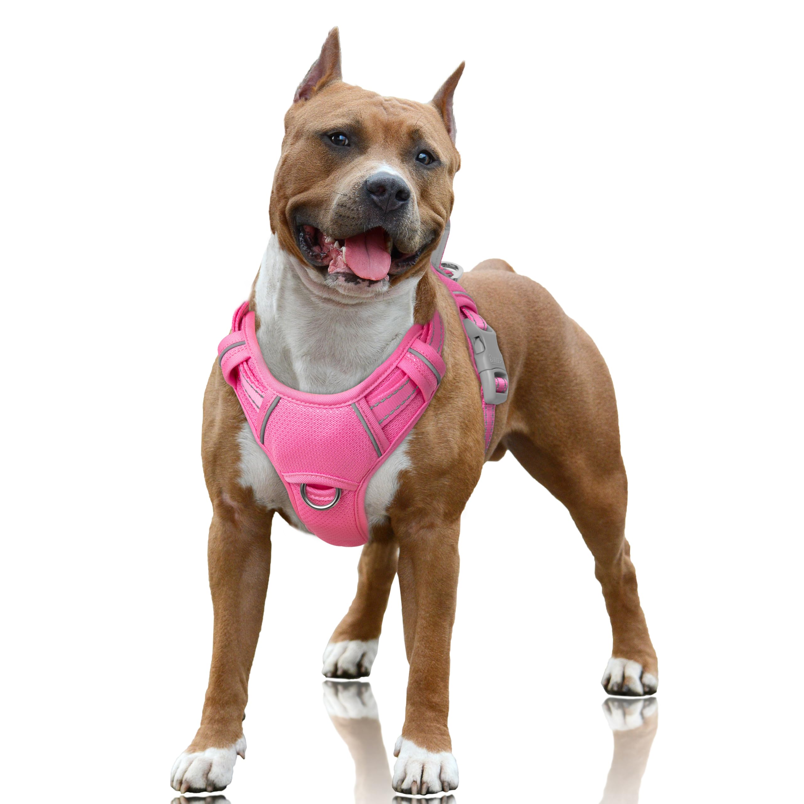 BARKBAY No Pull Dog Harness Large Reflective Dog Harness with Front Clip and Easy Control Handle for Walking Training Running with ID tag Pocket(Pink,L)