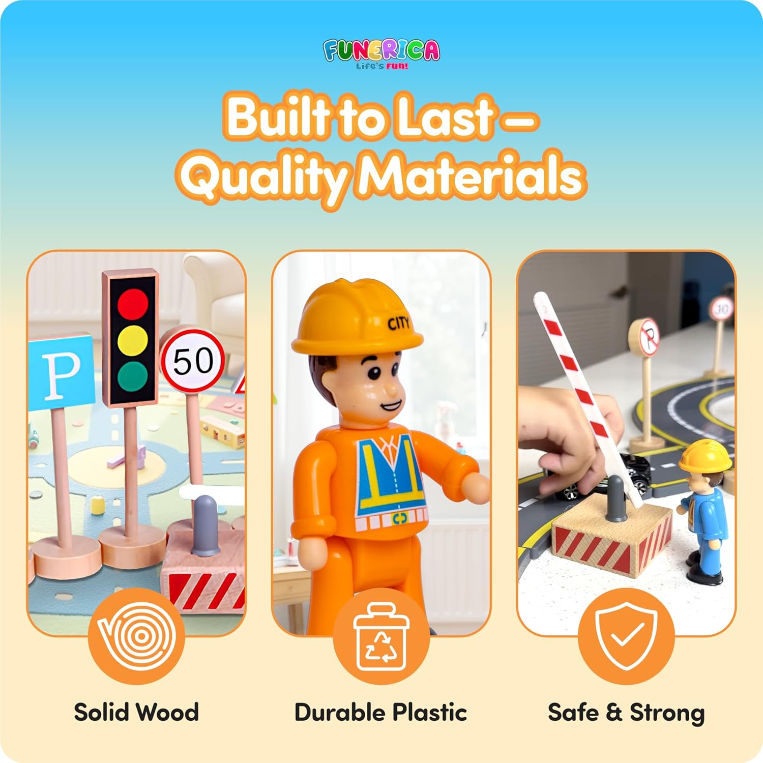 Wooden Traffic Signs & Community Helper Figures Toy Set – Includes Police, City & Construction Workers, Road Signs & Traffic Lights – Works with Train Tracks, Toy Cars, Play Rugs & Mats – Ages 3–10