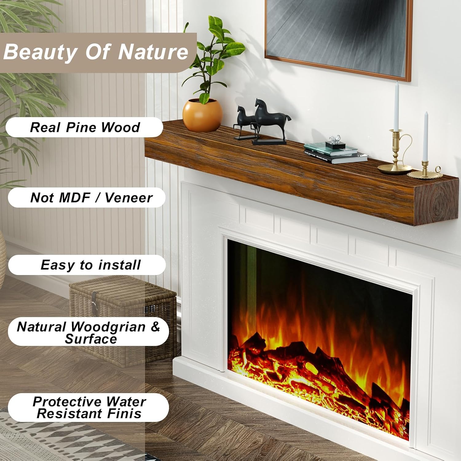 Fireplace Mantel,Wood Floating Fireplace Shelves,Wall Mounted Wooden Display Shelving,Handcrafted Wood Brack,Natural Mantels Fireplace (Brown 60inch)