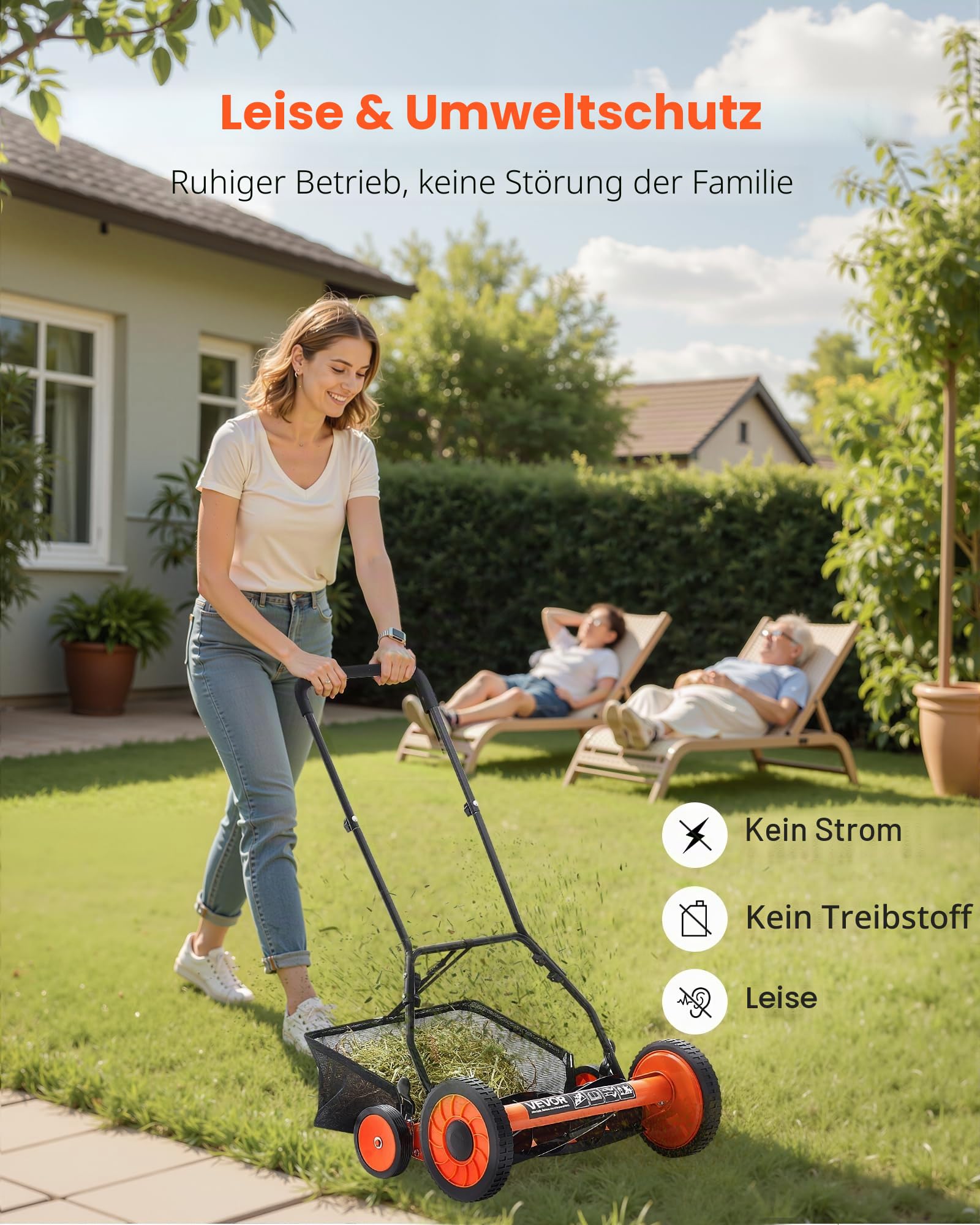 VEVOR Spindelmäher mit 450 mm Schnittbreite, Rasenmäher Schnitthöhe von 35 bis 62 mm, Handmäher mit 5 Klingen und Grasfangsack, Ideal für grüne Rasenflächen, Einfahrten, Innenhöfe