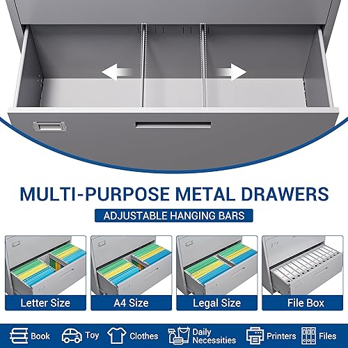 Miniatura 5 de Archivador lateral de 4 cajones con armario con cerradura, gabinetes de llenado de acero de metal gris para oficina en casa, gabinete de