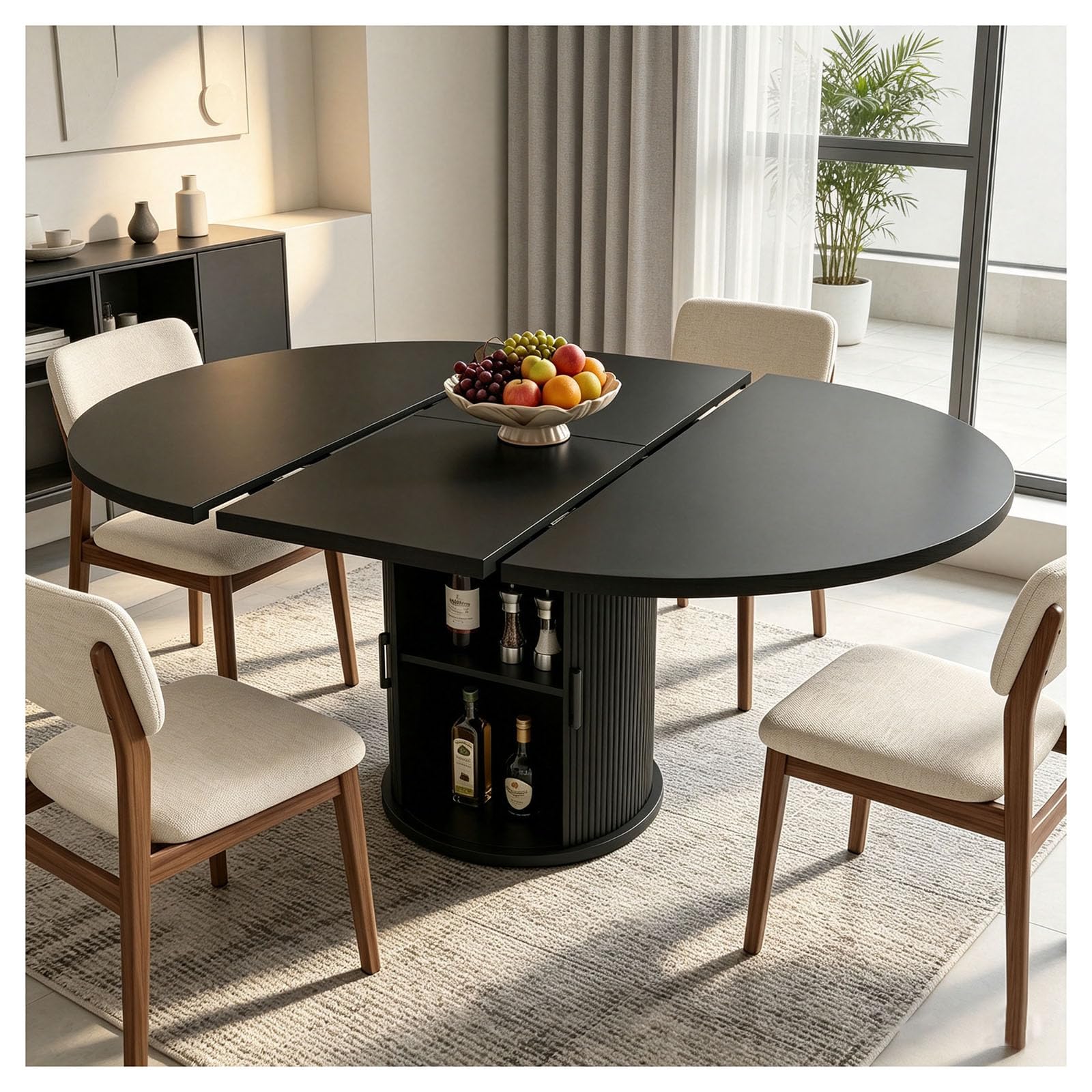 Runder Esstisch 118cm für 4-6 Personen, geriffelter Sockel, Küchen- & Esszimmertisch, platzsparend für kleine Räume, Schwarz
