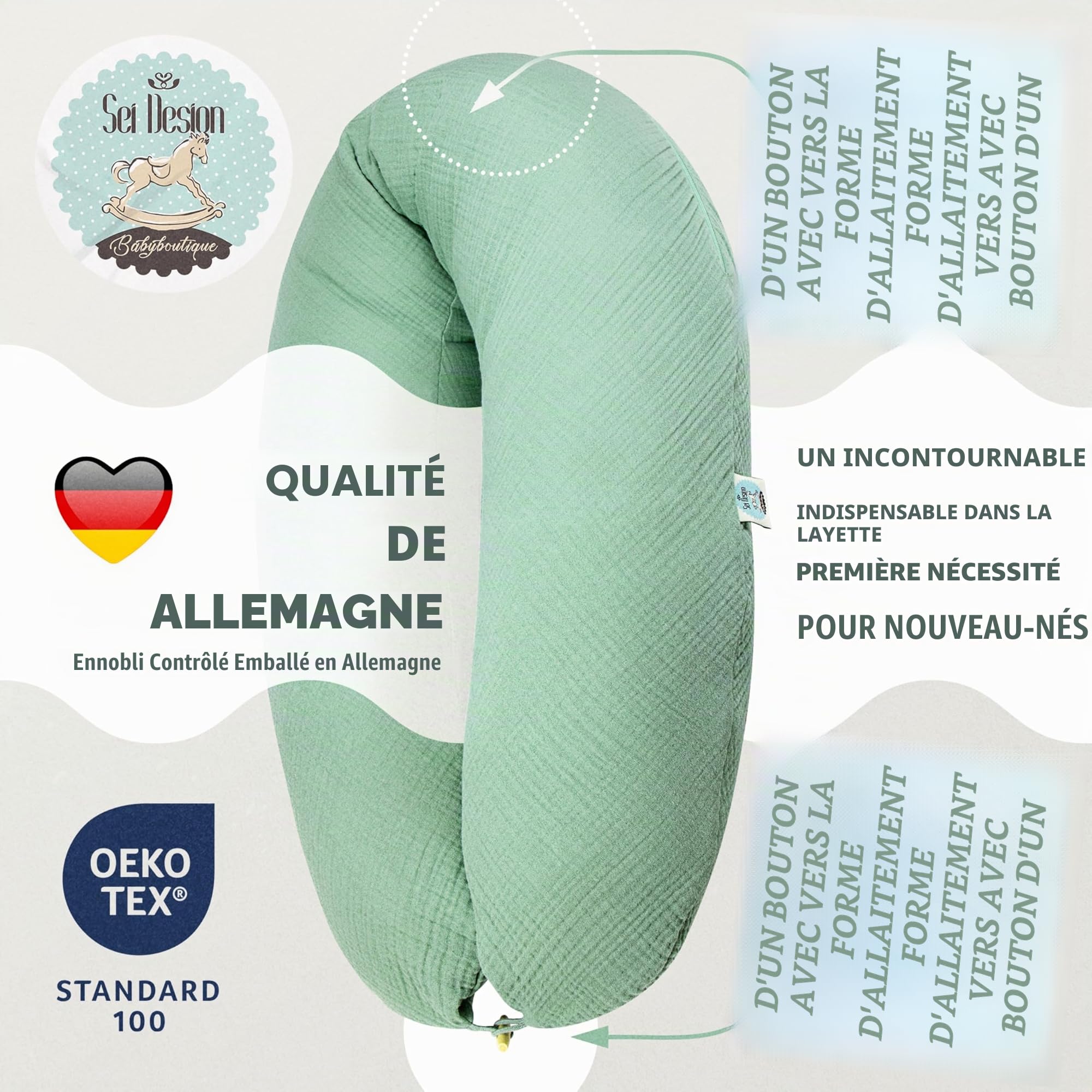 Sei Design Coussin de Grossesse XXL 190x30 avec Housse en Mousseline Ergonomique – Coussin de Maternité, Coussin d'allaitement Confort pour Femme Enceinte, 100% Coton Bio