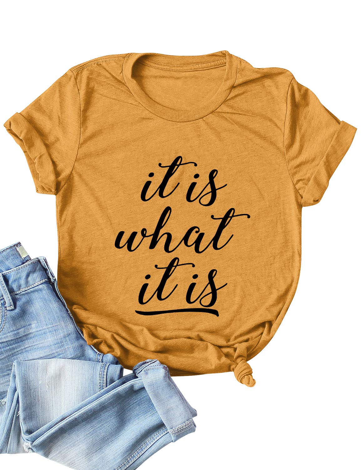 Hubery Women Casual Short Sleeve Solid Color Tee It is What It is Letter Printed Tees T Shirts Tops