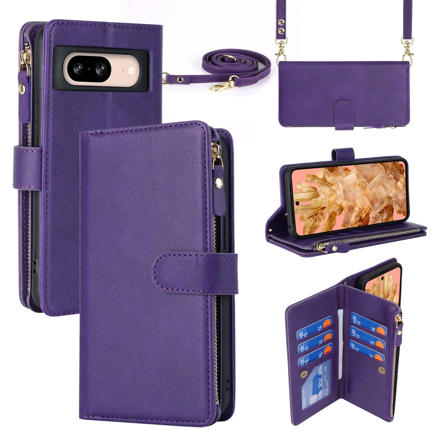 iCoverCase for Google Pixel 8 Wallet Case with Card Holder, Kickstand Feature PU Leather Case with Adjustable Crossbody Lanyard Magnetic Clasp Zipper