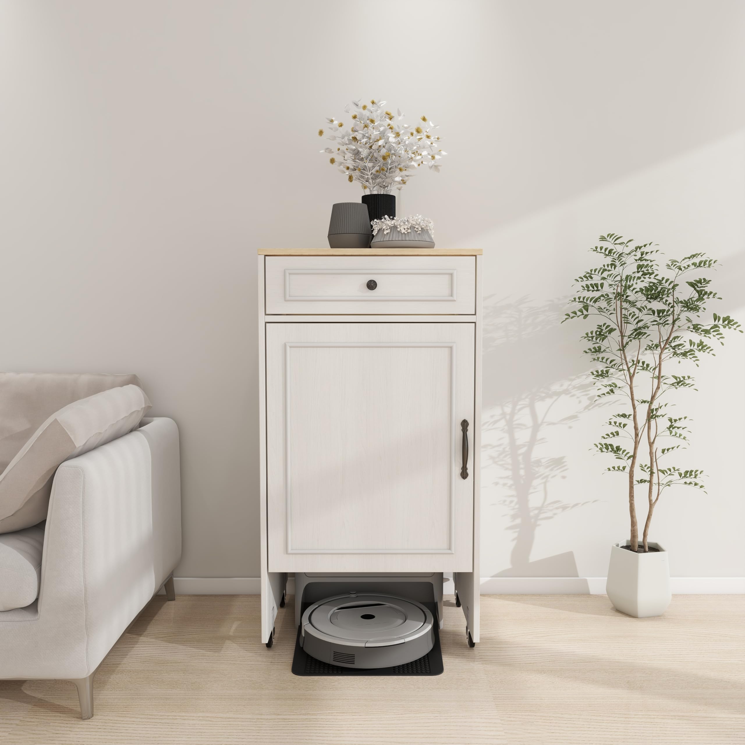 Robot Vacuum Storage Cabinet with Wheels - Antique White Side Table with Drawer & Doors for Living Room, Kitchen, Office