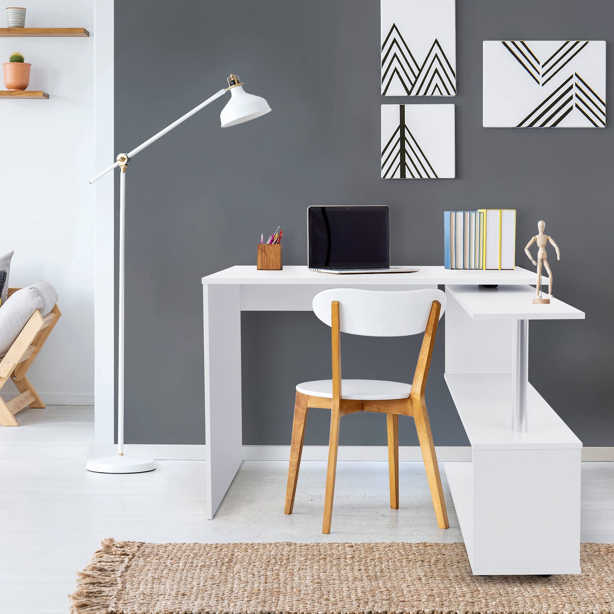 ML-Design Scrivania Angolare per Computer PC 150x88x75 cm Girevole a 90° Forma di L Tavolo ad Angolo con 4 Ruote Mensola a 3 Ripiani per Casa Ufficio Postazione di Lavoro Design Moderno Bianca
