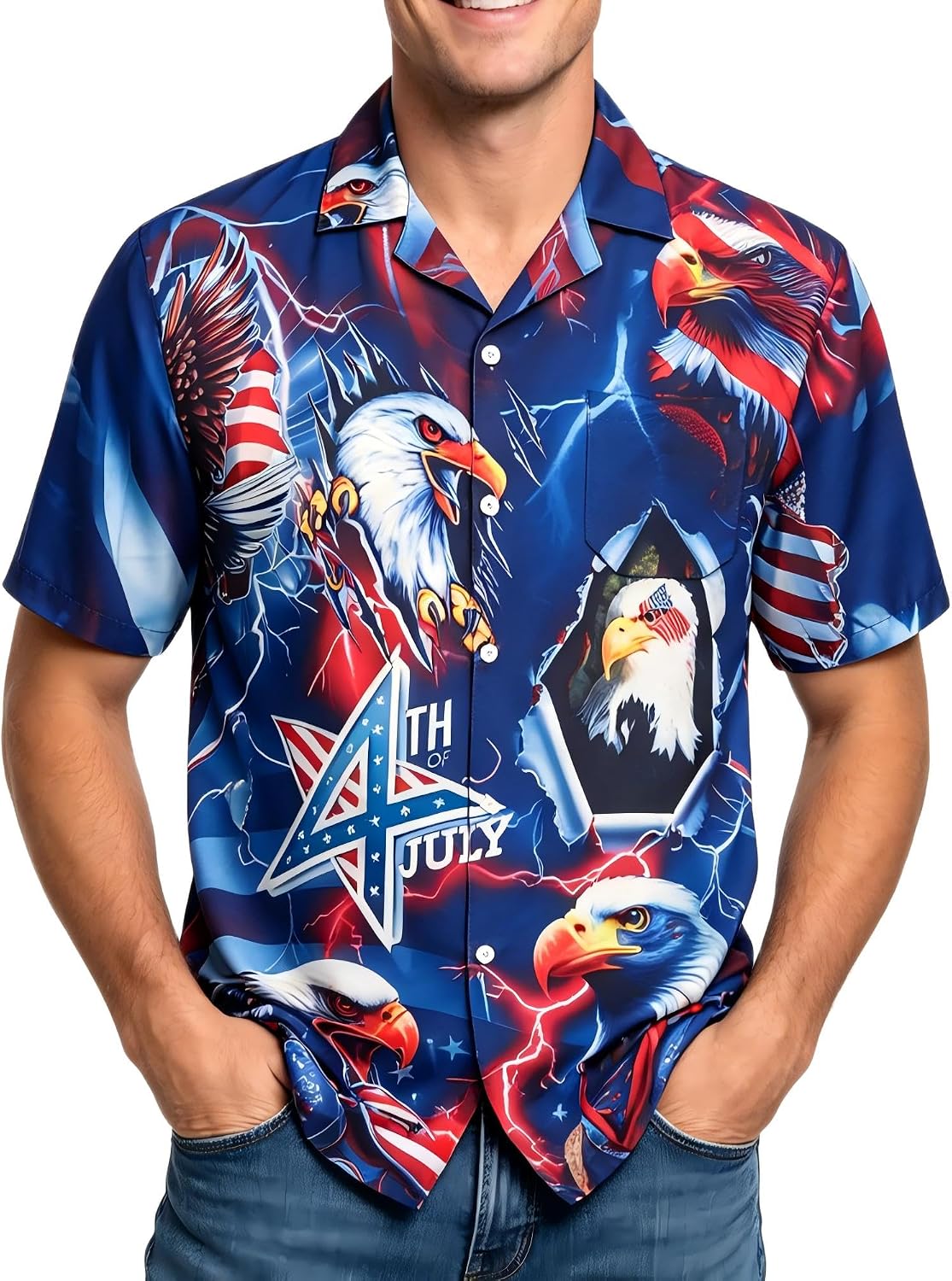 4th of July Hawaiian Shirt for Men Independence Day Patriotic Casual Beach Shirt for Parade Party