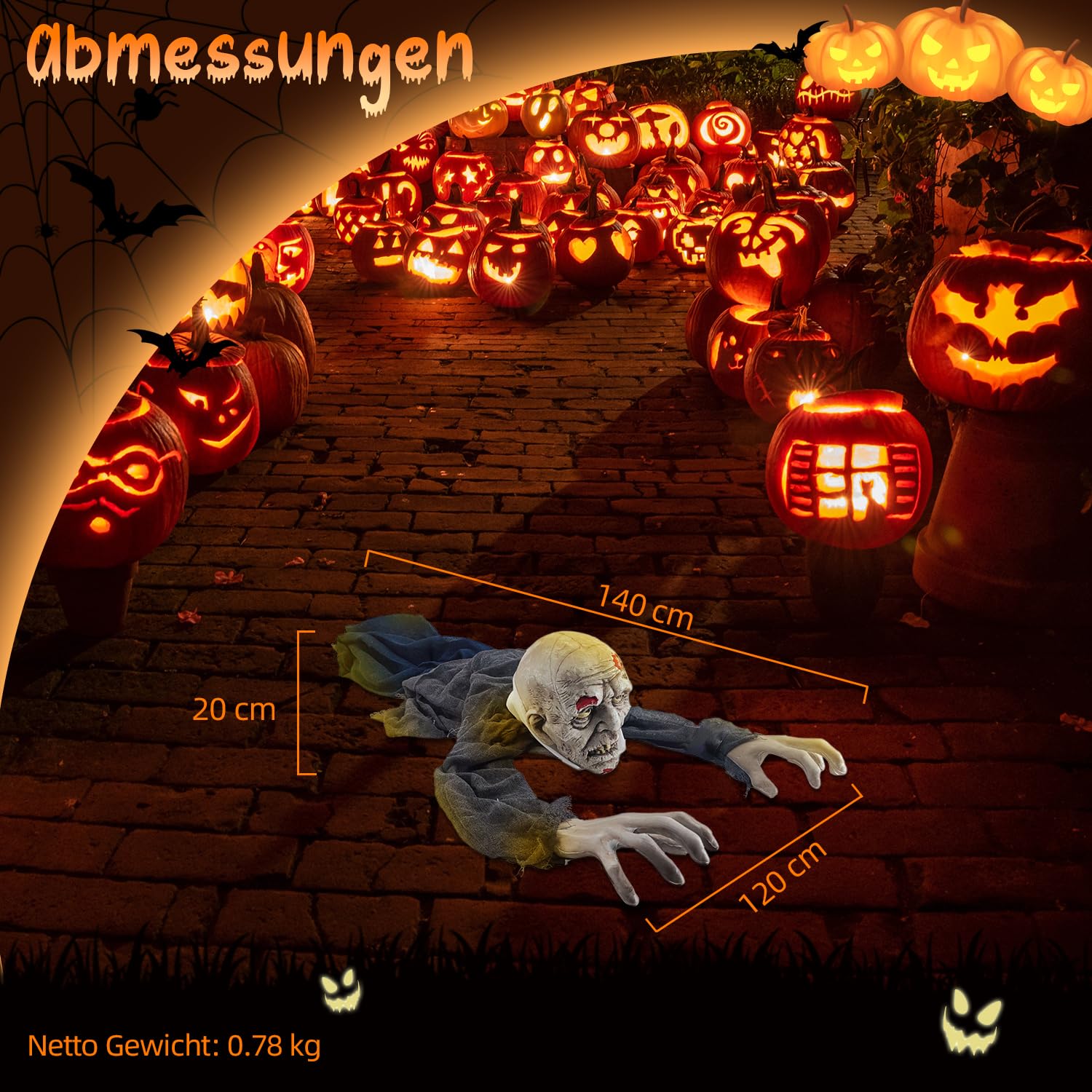 Dekoracja na Halloween Zombie 1,40 m – pełzająca straszna figurka z ruchem ramienia, czerwone oczy LED | dźwięk – figurka Halloween SHXHD2403 na baterie – dekoracja na imprezę, wejście, korytarz i