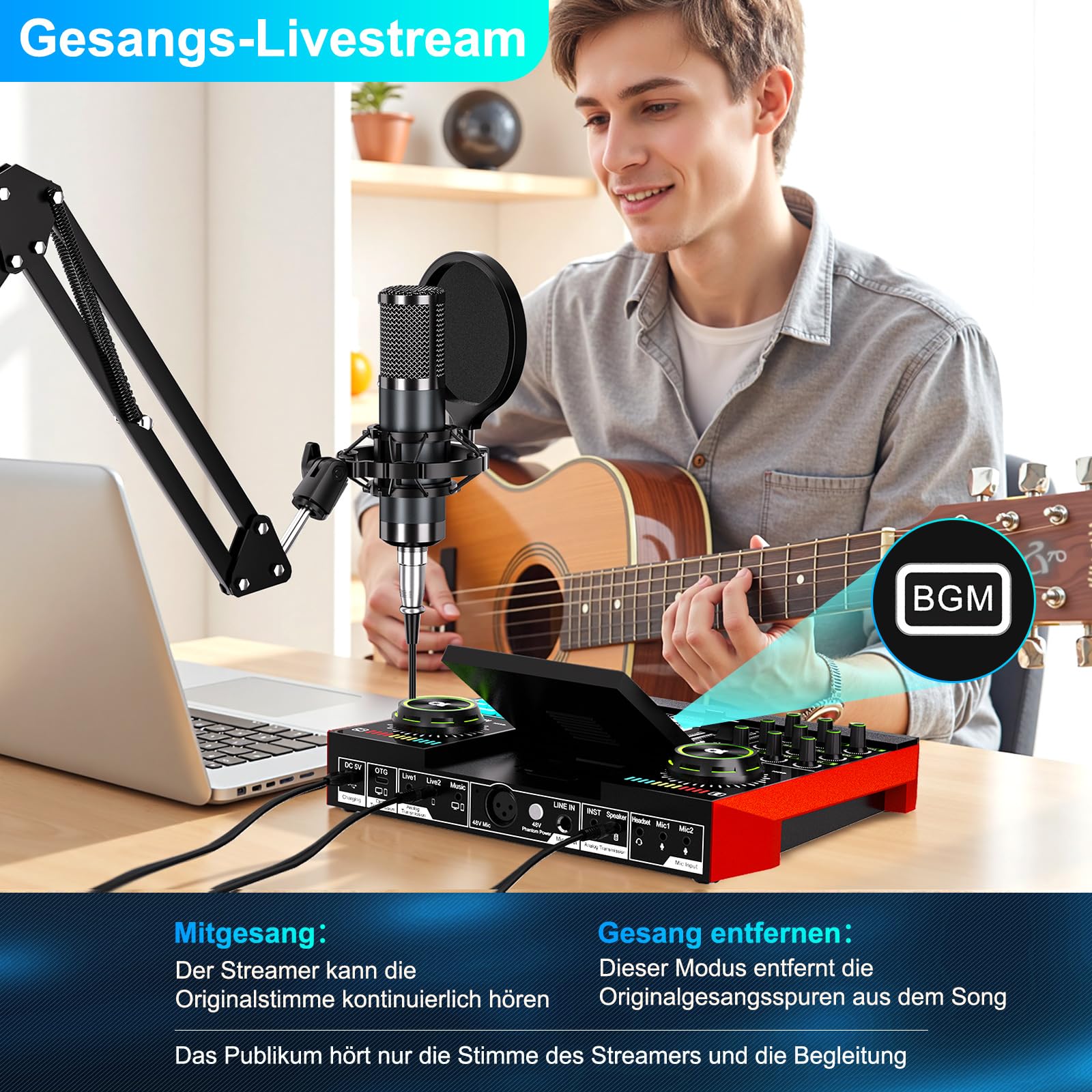TENLAMP G10 Podcast-Equipment, Audio-Interface mit Soundeffekten, 3,5mm Kondensatormikrofon, Mikrofonarm, Latenzfreies Hardware-Autotune, Echtzeit-Monitoring, Rauschunterdrückung, für PC, Handy