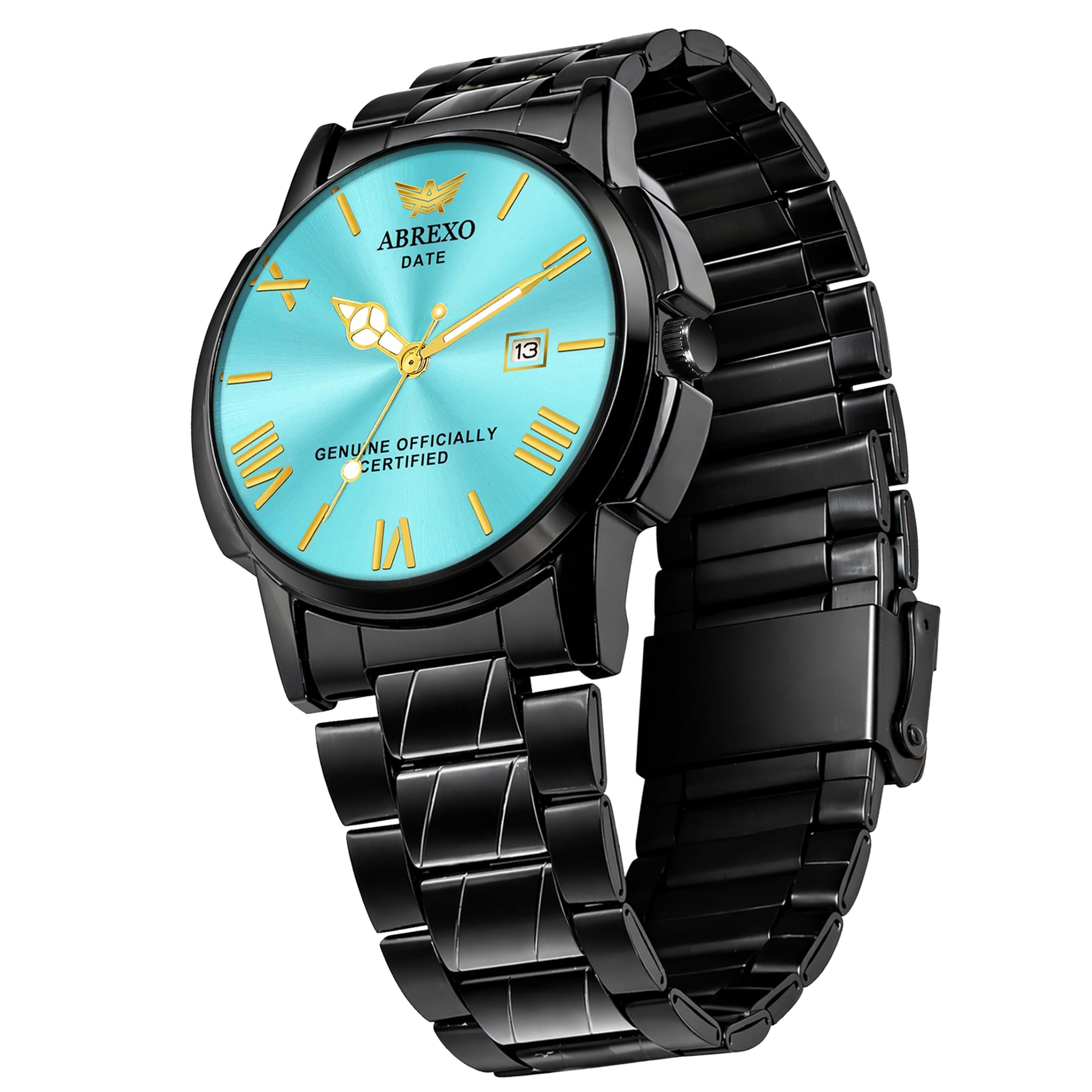 Abx4401 Sky Blue Dial Black Stainless Steel Strap Long Life Plated Round Dial Date Working Analog Watch for Boys/Mens-image-12
