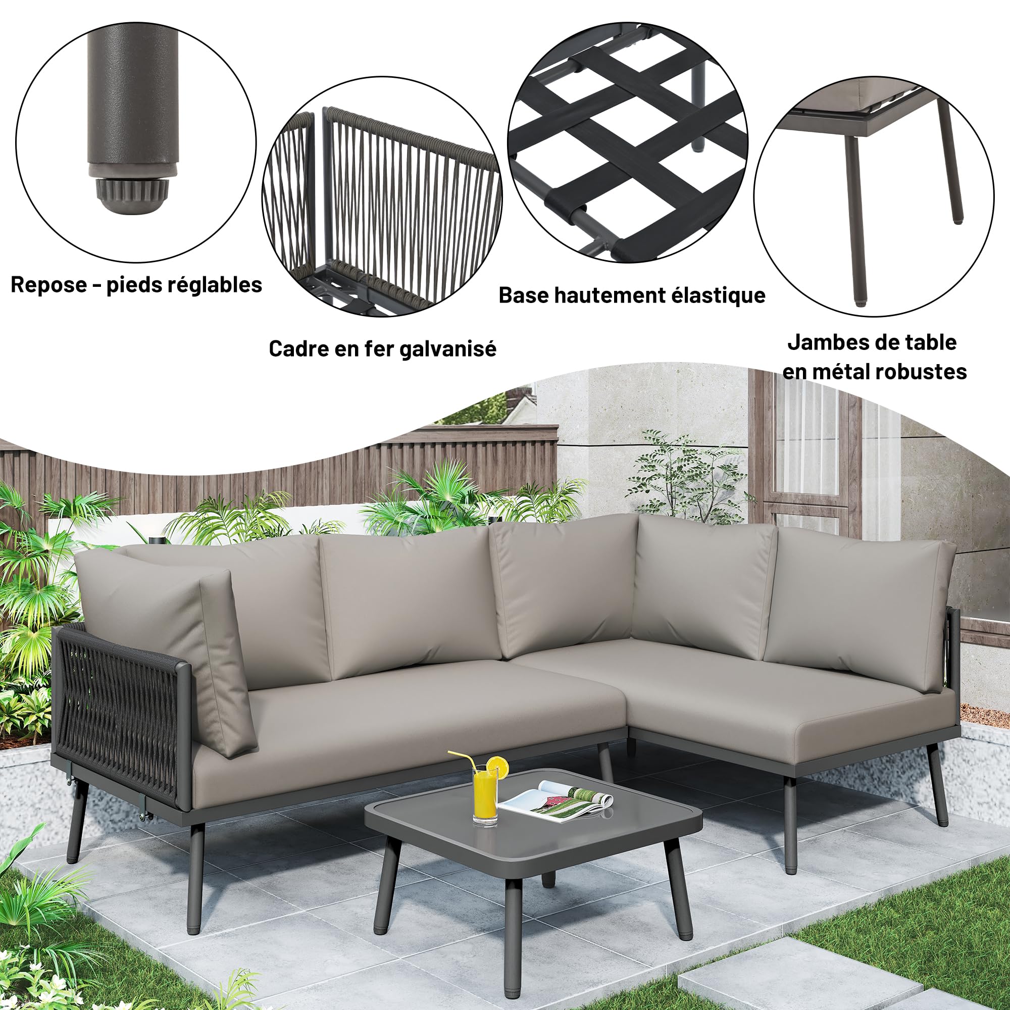 Zepneiy Ensemble de Meubles de Jardin en L, Ensemble de chaises Longues en Fer avec Coussins d'assise et Pieds réglables, 2 canapés et 1 Table, Gris (Coussins d'assise Inclus)
