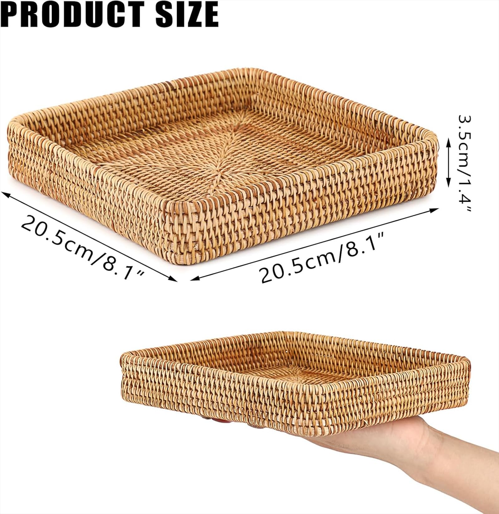 Prostokątna taca rattanowa 20,5 x 20,5 x 3,5 cm – dekoracyjna taca ekspozycyjna z uchwytem na zastawę stołową, kosmetyki, ręczniki dla gości i toaletkę