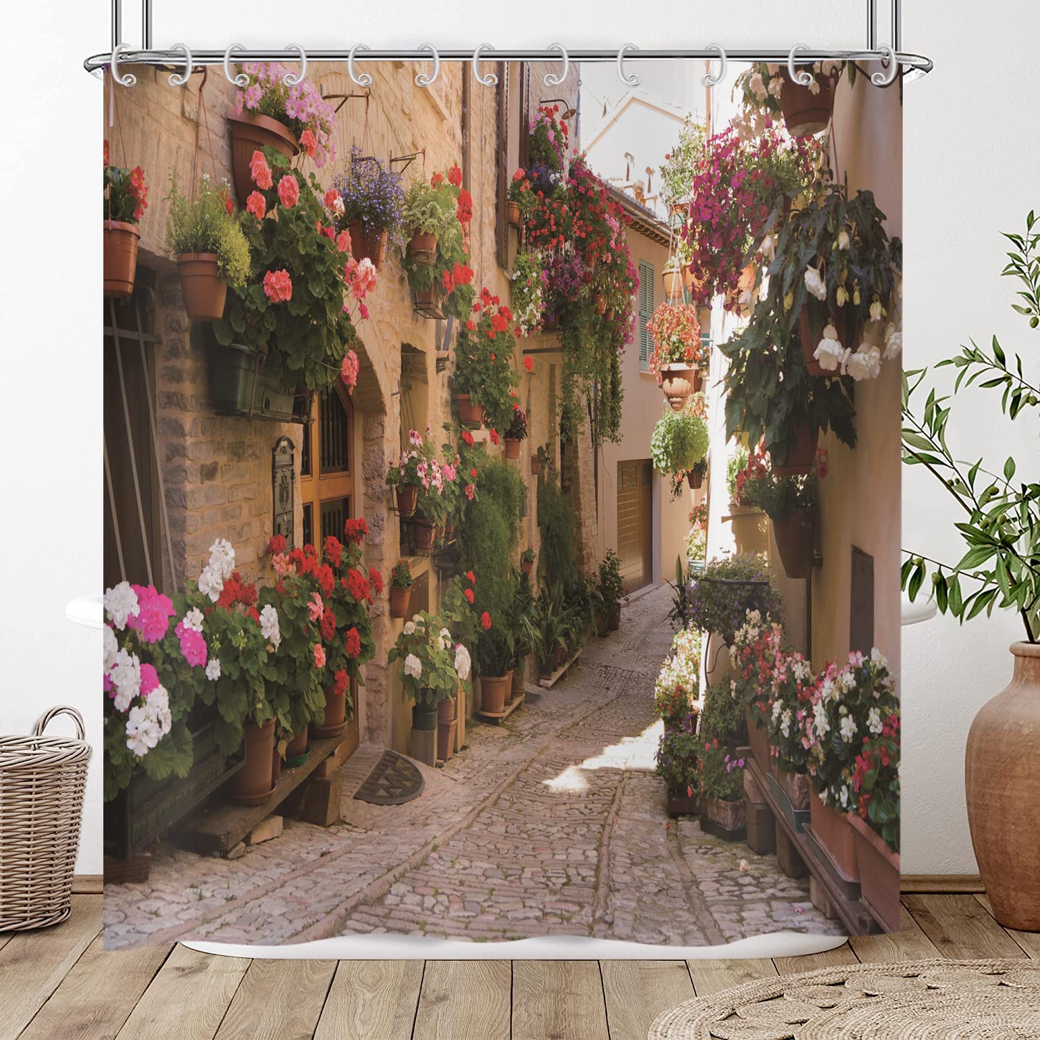 3D Shower Curtain 150x180, Hnmdmyi Garden Floral Scenery Street Alley Picture Shower Curtains Italy Outdoor Flowers View Bathroom Curtains Waterproof Polyester Fabric Washable Bath Curtains with Hooks