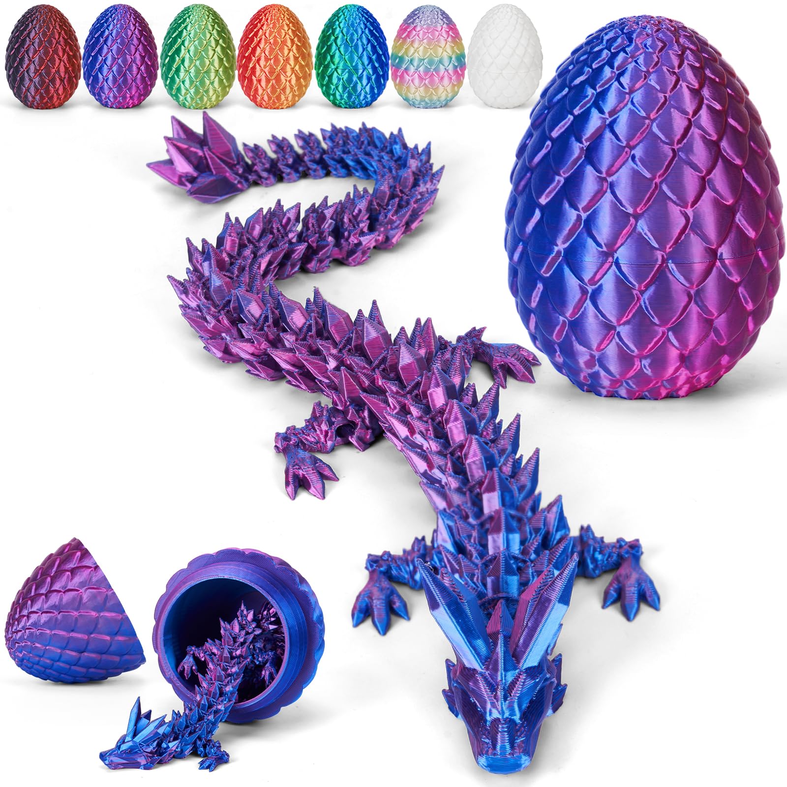 Merrwon 3D Printed Dragon Egg with Dragon (28.5cm) Inside, 3D Printed Articulated Crystal Animals Easter Toys & Decor, Unique Easter Gift for Kids, Teens, Adults, Collectors, Laser Violet — image 1