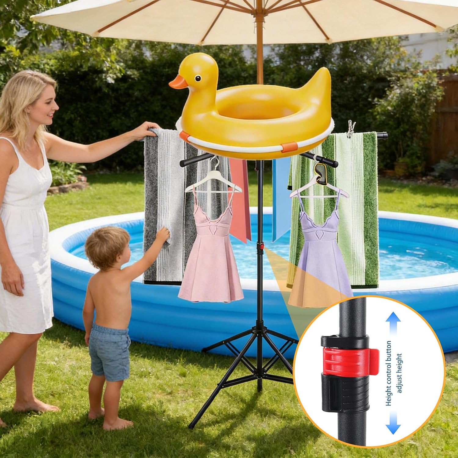 Pool Towel Rack Outdoor Adjustable Height 41.3-61.8In Towel Rack for Pool Heavy-Duty Freestanding Pool Float Storage Rack 4-Legged Stand & 6 Foldable Arms for Drying Swim Gear