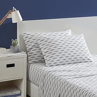 Nautica - Twin Sheets, Cotton Percale Bedding Set, Coastal Home Decor, Dorm Room Essentials (Woodblock Fish Grey, Twin)