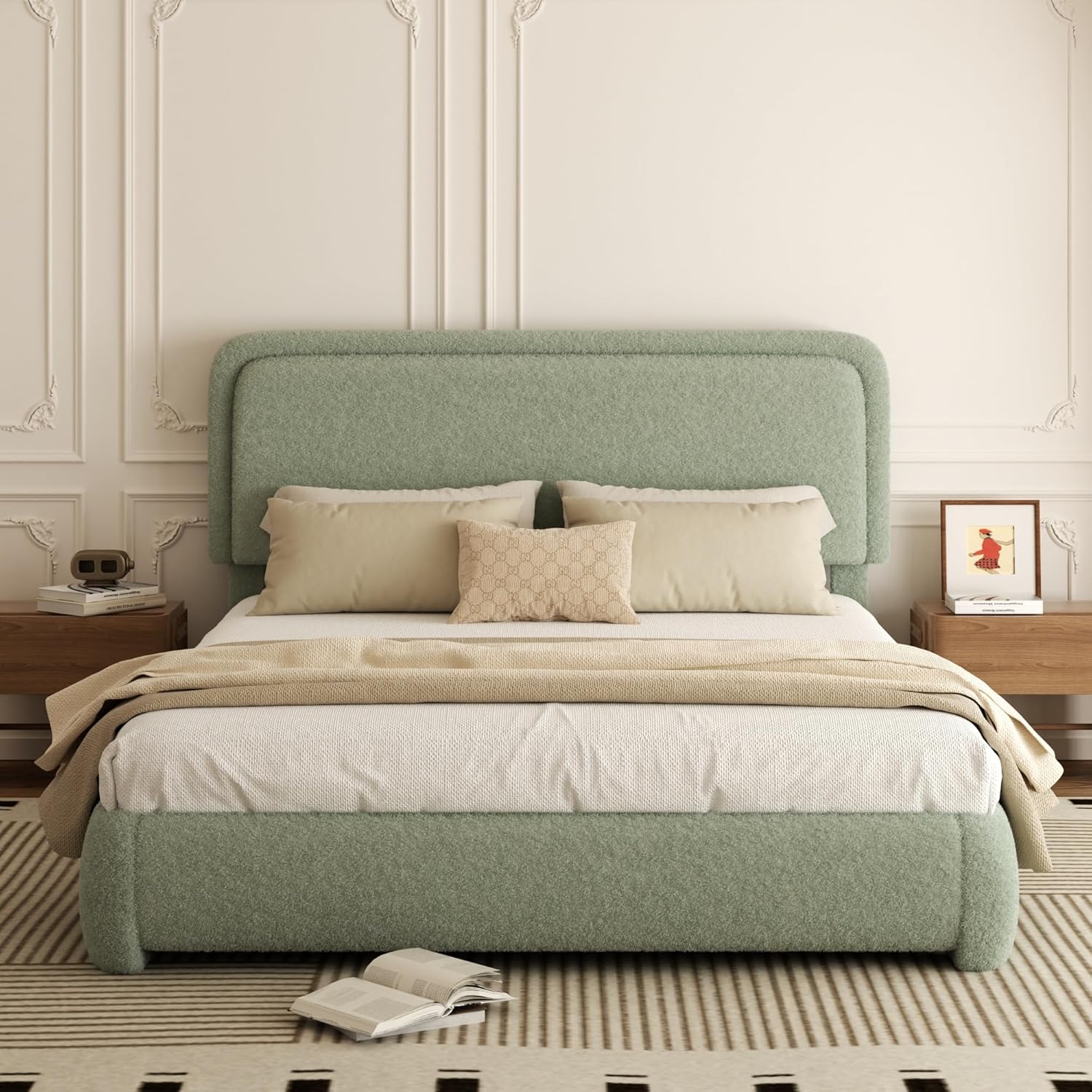 Queen Bed Frame, Teddy Velvet Boucle Bed Frame with 43.3"/45.3" Adjustable Upholstered Headboard, Rounded Corners, Mattress Foundation, No Box Spring Required, Green