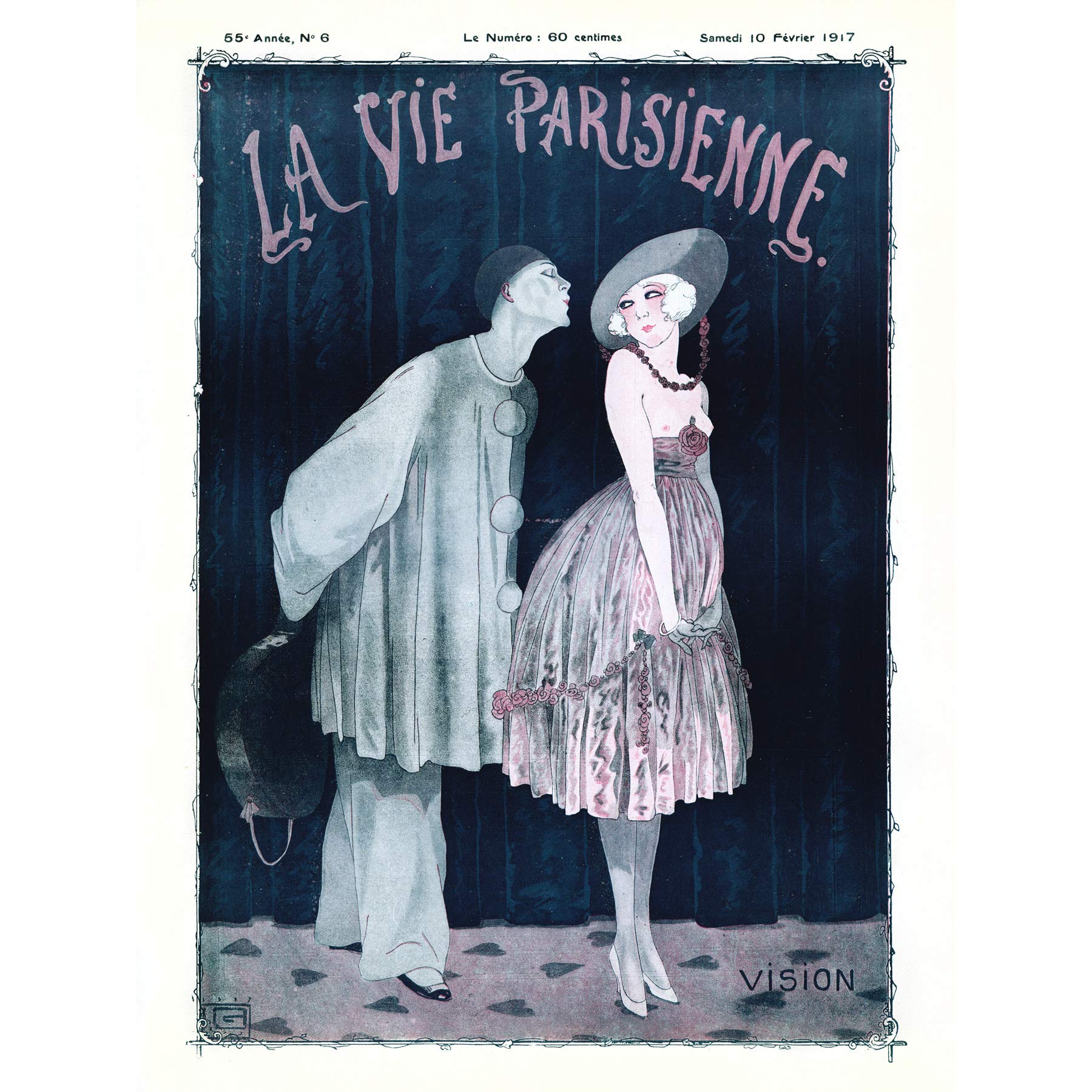 Artery8 La Vie Parisienne Kissing Pierrot Clown Magazine Cover Premium Wall Art Canvas Print 18X24 Inch