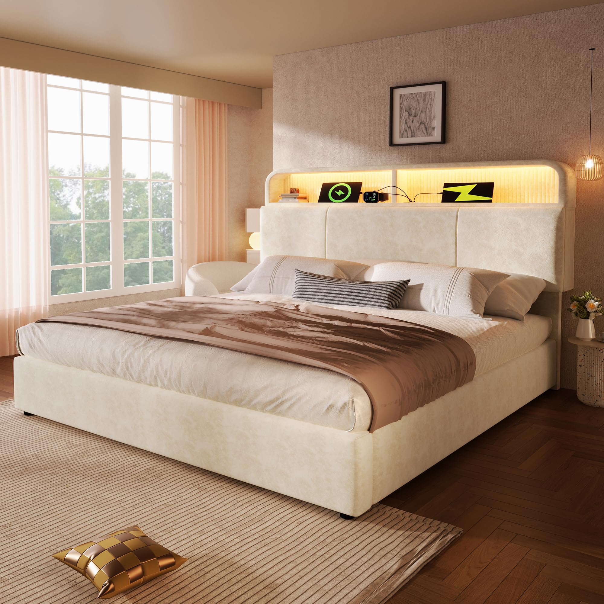DEKKETO Doppelbett 180x200, Boxspringbett und Lattenrost mit Stauraum, kopfteil mit 3 USB und 1 Typ C-Port, Polsterbett mit LED-Beleuchtung, Samt Bett Beige, ohne Matratze