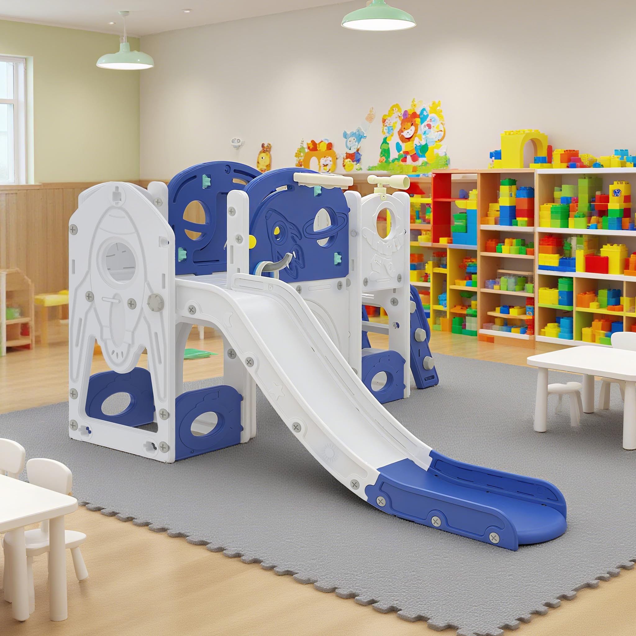Aufun 5-in-1 Kinderrutsche für Kleinkinder, Multifunktionales Spielset mit Rutsche, Basketballkorb, Tunnel, Stauraum, Kletterleiter, Werkzeugfreie Montage, Stabil Freistehenderutsche Spielzeug