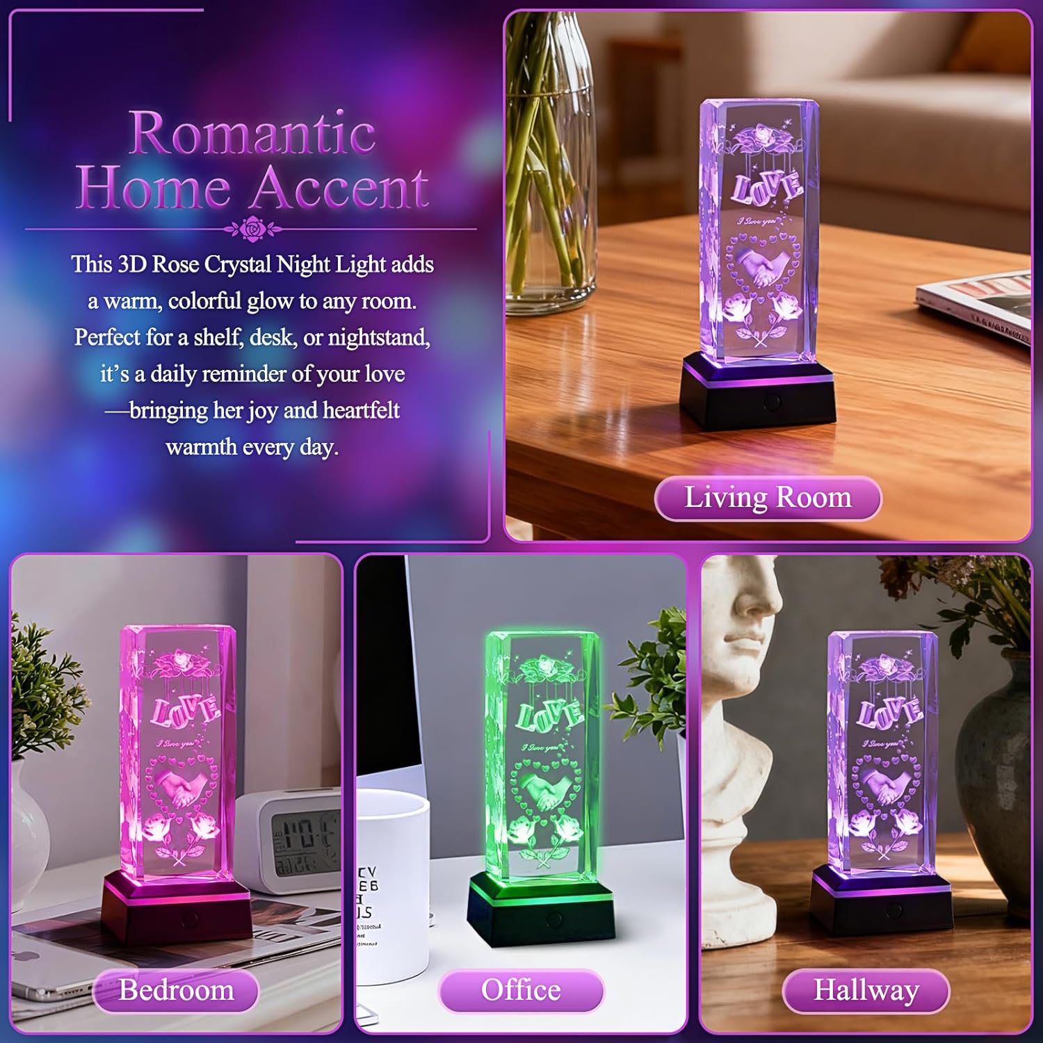 3D Love Crystal Night Light – Valentine’s Day Romantic Gift for Him Her, Crystal Lamp Gifts for Boyfriend Girlfriend Wife Husband Couples Wedding Anniversary Birthday Keepsake - Image 4