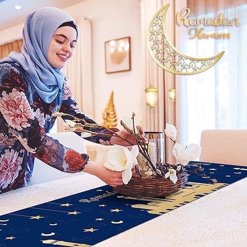 Miniatura 6 de Wehhbtye Paquete de 2 caminos de mesa Eid Mubarak, 12 x 71 pulgadas, decoraciones con borlas, camino de mesa, bufandas para mesa, cena, fiesta de