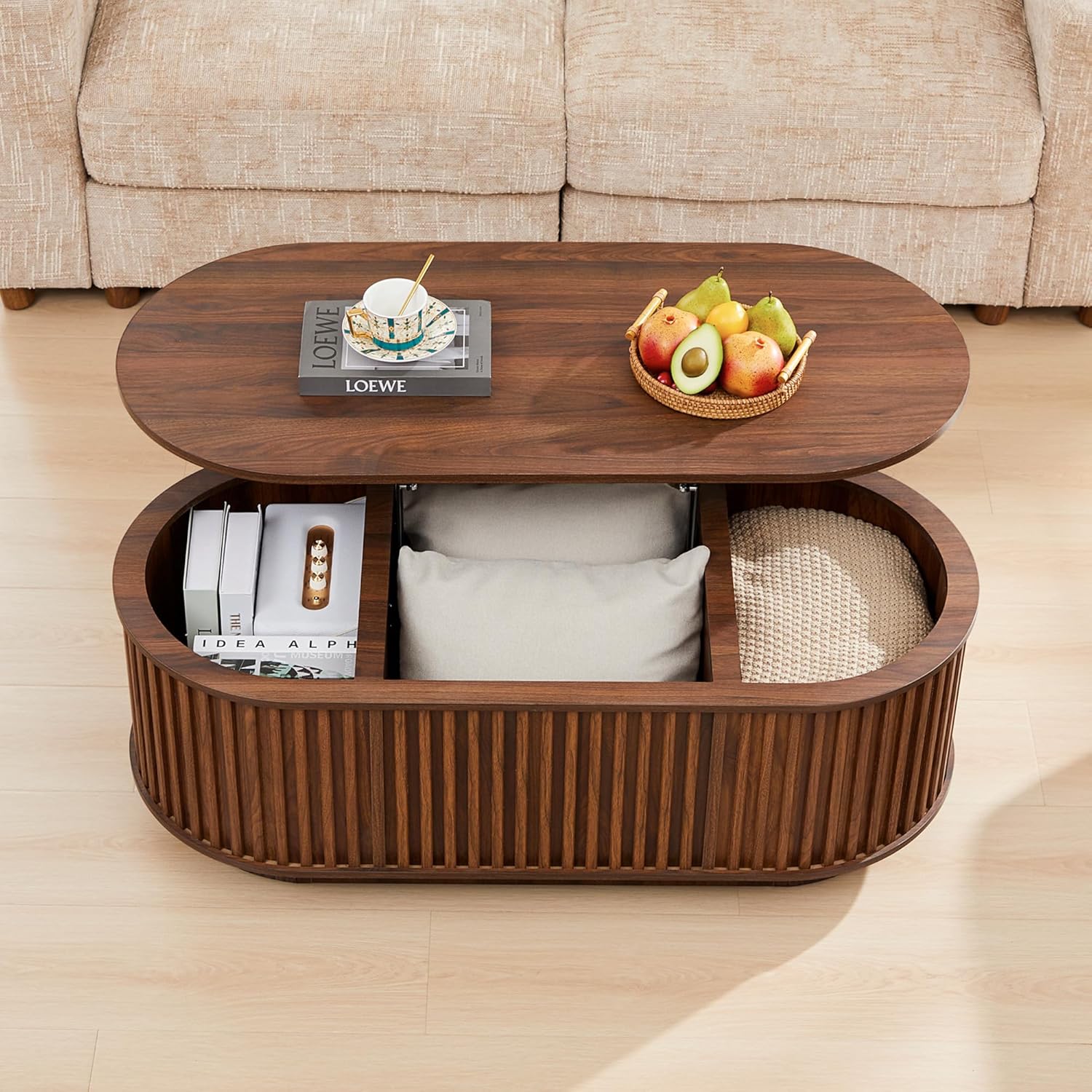 Oval Lift Top Coffee Table with Storage, 43.3”Mid Century Modern Center Table with Hidden Compartment, Fluted Wooden Lift Tabletop Dining Tables for Living Room Apartment Home Office,Walnut