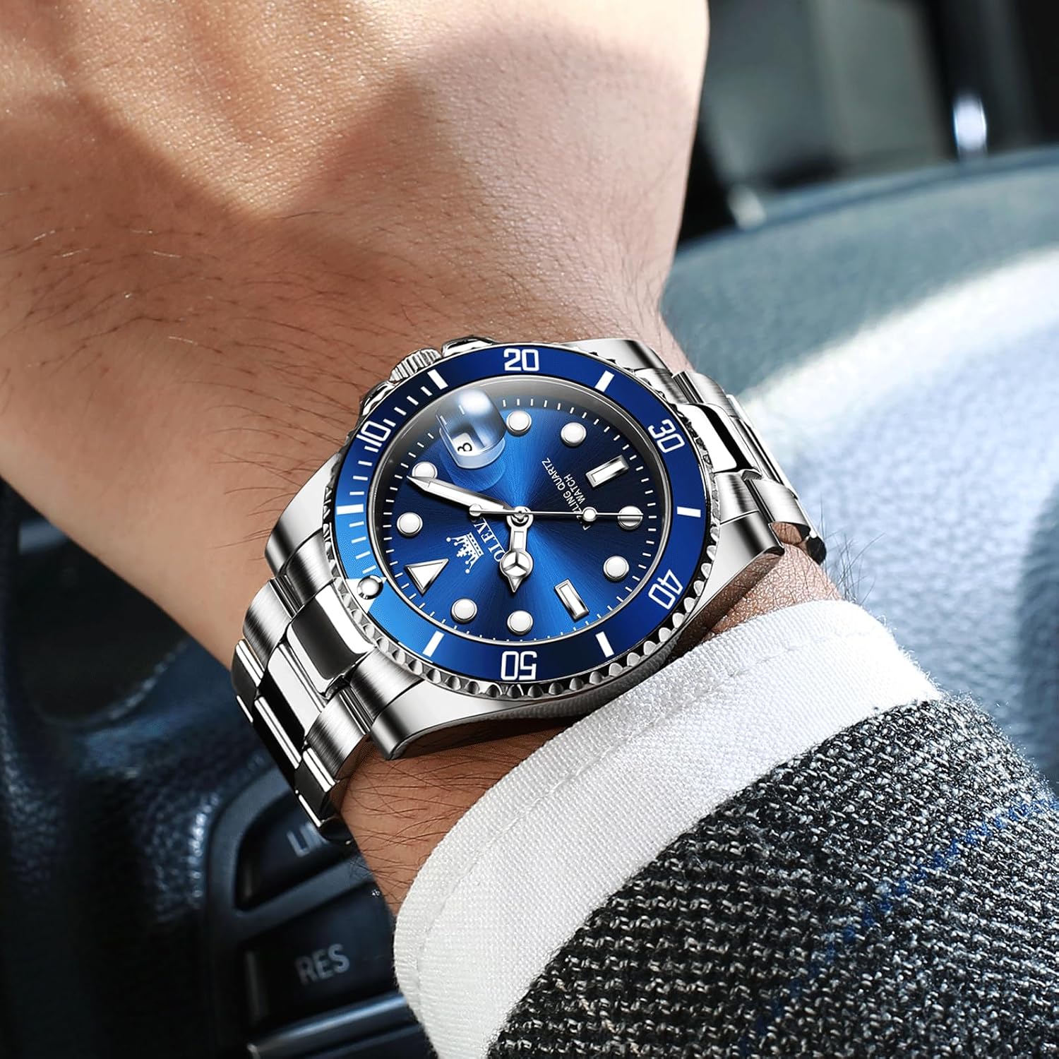 OLEVS Men's Stainless Steel Watch, Big Face Easy to Read Analog Quartz Dress Watches, Classic Rotating Bezel Waterproof Luminous Hands Date Mens Wristwatch