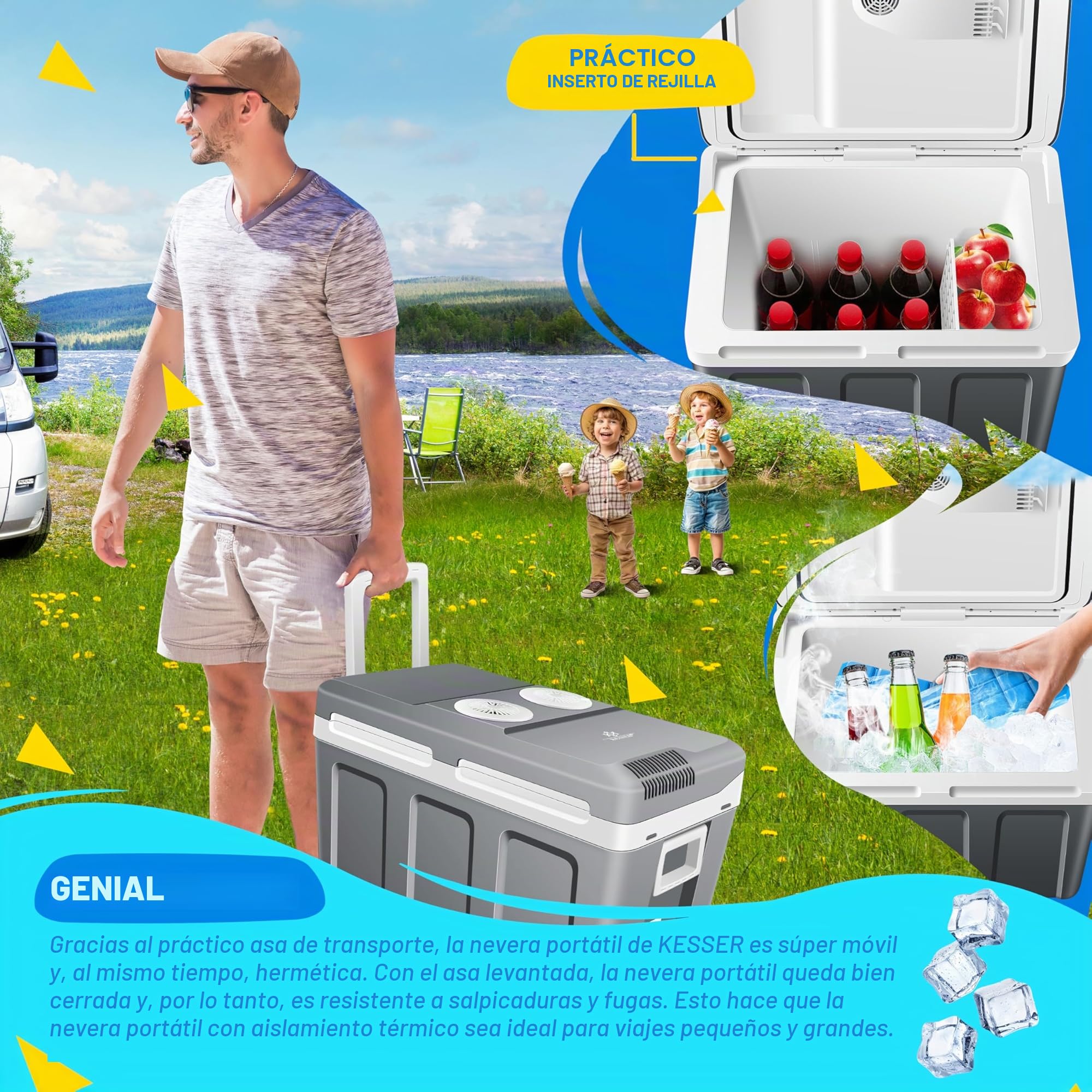 KESSER® Nevera eléctrica portátil 40L con Ruedas | Calienta y enfría | Termoeléctrica | Mini Nevera | 12V y 230V | para Coche, Camping y Enchufe | Modo Eco | Incluye acumuladores de frío