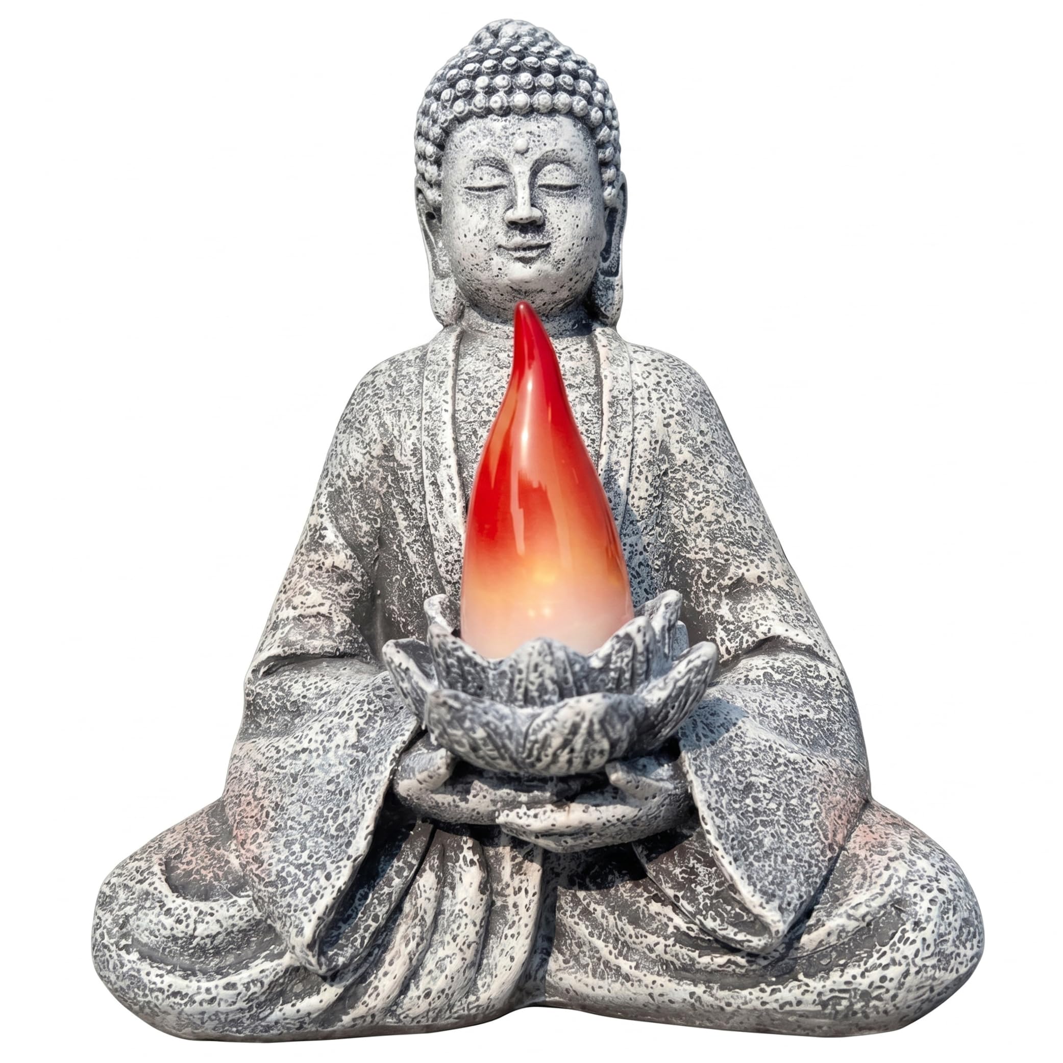 Gemuseeee Buddha Statue Solar-Powered Buddha Garden Ornaments Outdoor with Lotus & Flame Light Eco-Friendly Resin Zen Decor