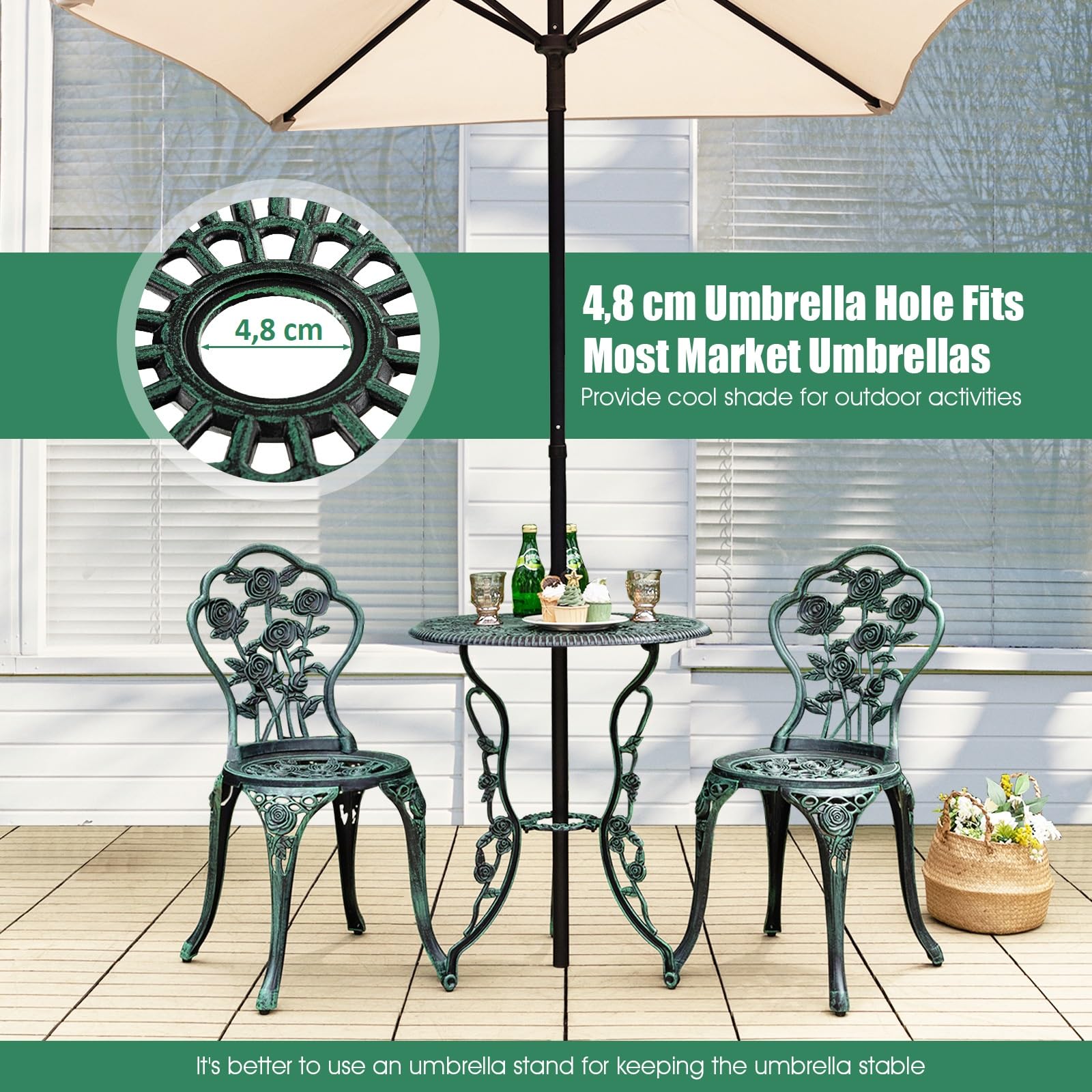 GIANTEX 3-teiliges Bistro Set, Bistrotisch mit 2 Stühlen, Gartenmöbel Set Aluminium, Gartenset Balkonset Antik, Runder Gartentisch, Balkonmöbel Set Garten Sitzgruppe 2 Sitzhocker Outdoor (Bronzegrün)