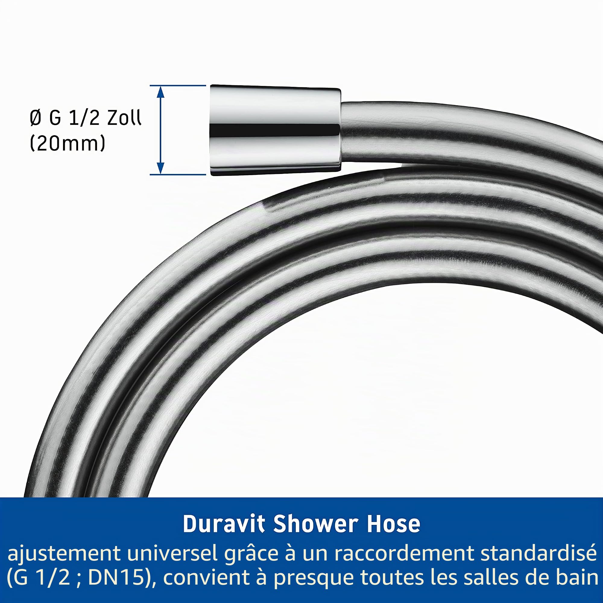 Duravit Universal flexible de douche, tuyau de douche 1,25 m avec protection contre la torsion, protection contre le pliage, anti-torsion, chromé