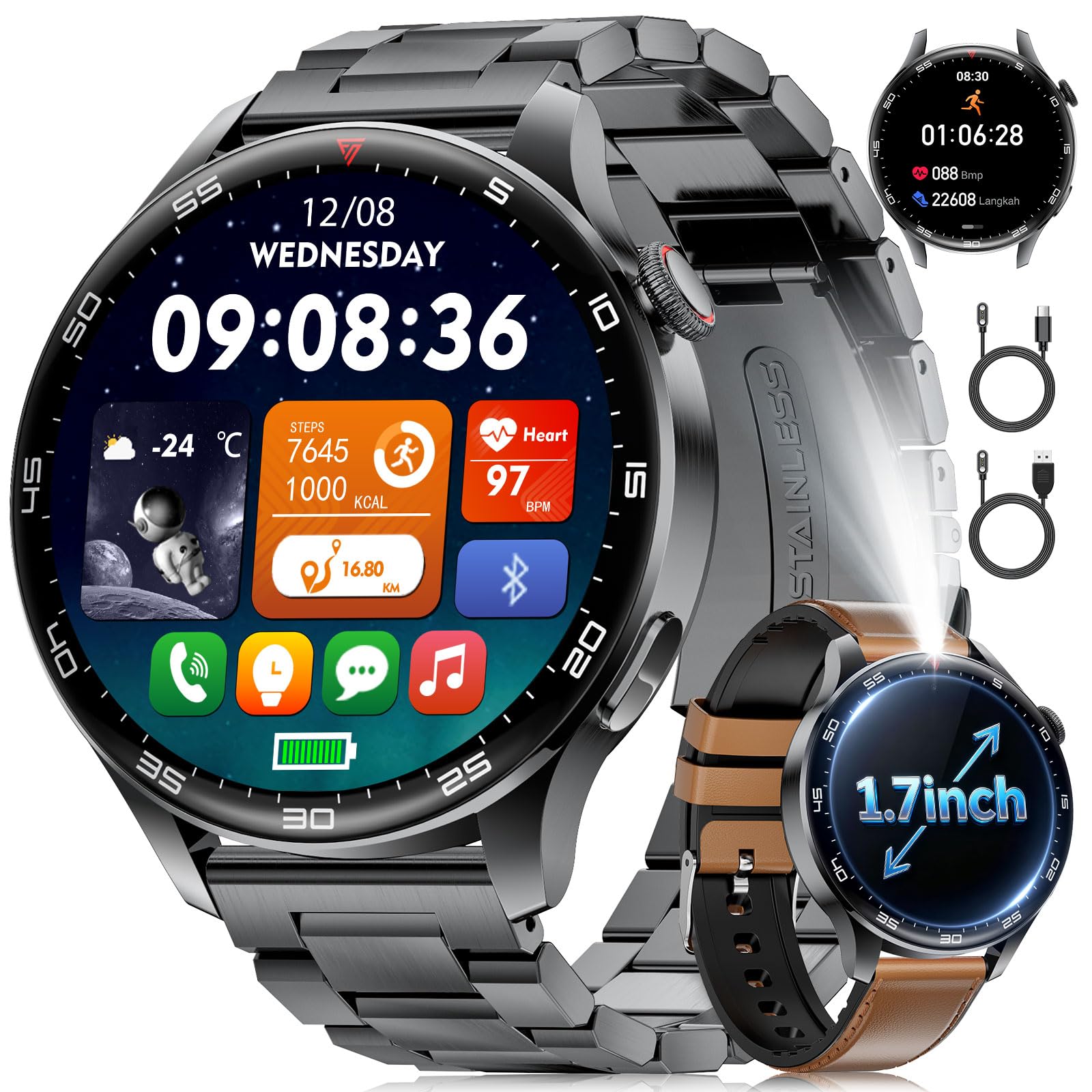 Reloj Inteligente Hombre 2026 con Llamada, Gran pantalla HD de 1,7'' con Batería de 800 mAh, Luz LED, Mide Sueño y Ritmo Cardíaco, 100+ Modos Deportivos, Smartwatch IP68 para Android e iOS, Marrón