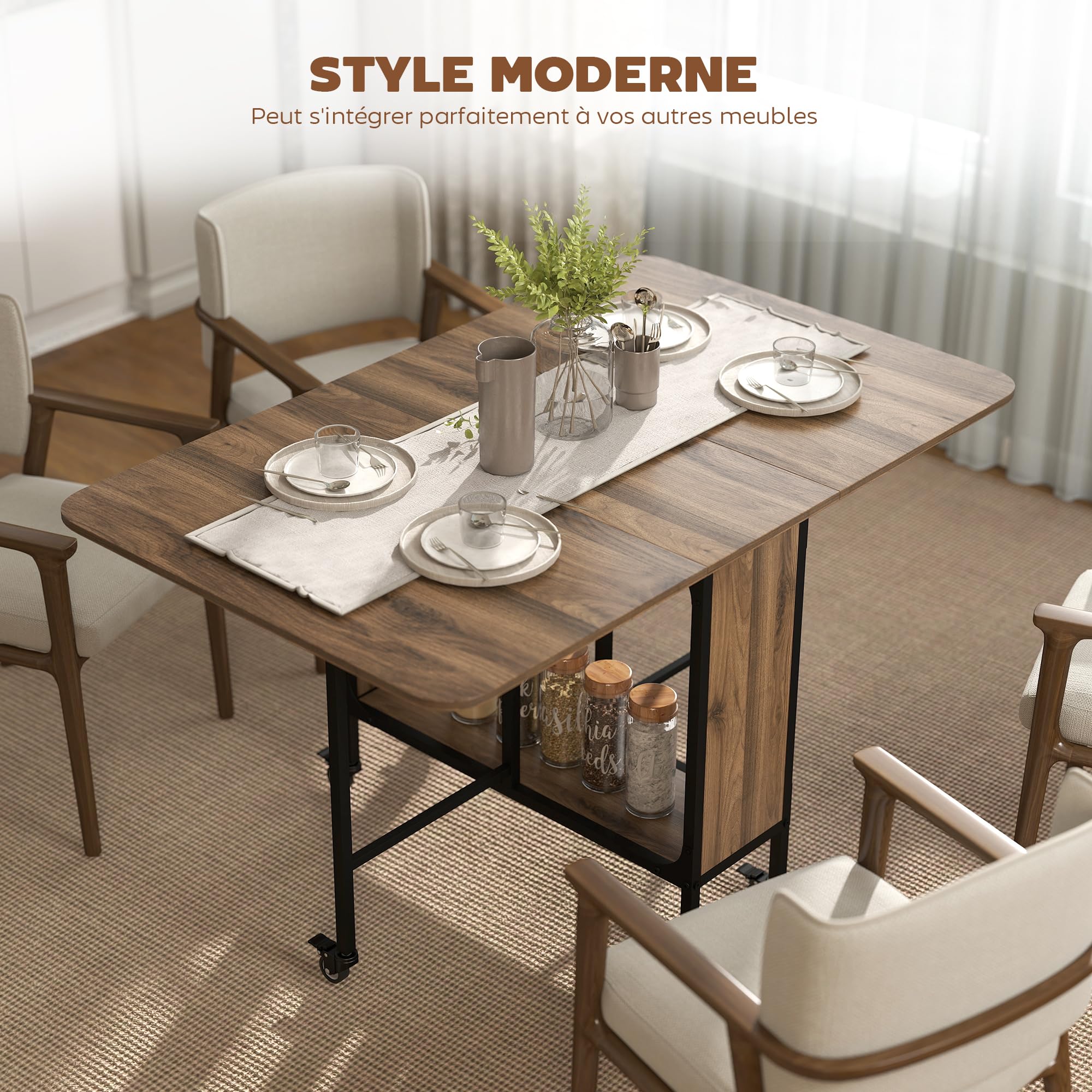 HOMCOM Table à Manger Pliante sur roulettes, Table de Cuisine pour 6 Personnes avec 2 abattants et étagère intégrée, pour Petits espaces, Salle à Manger, 130 x 80 x 74 cm, Marron