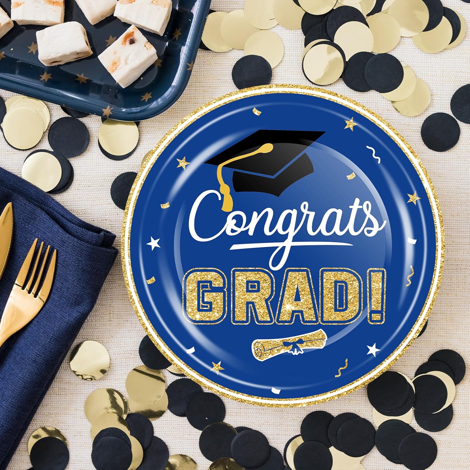 320 Pcs Graduation Table Decorations Party Supplies - Blue Gold Graduation Plates and Napkins Class of 2026 Disposable Dinnerware Set for College High School Congrats Grad Party Favors, Serve 80