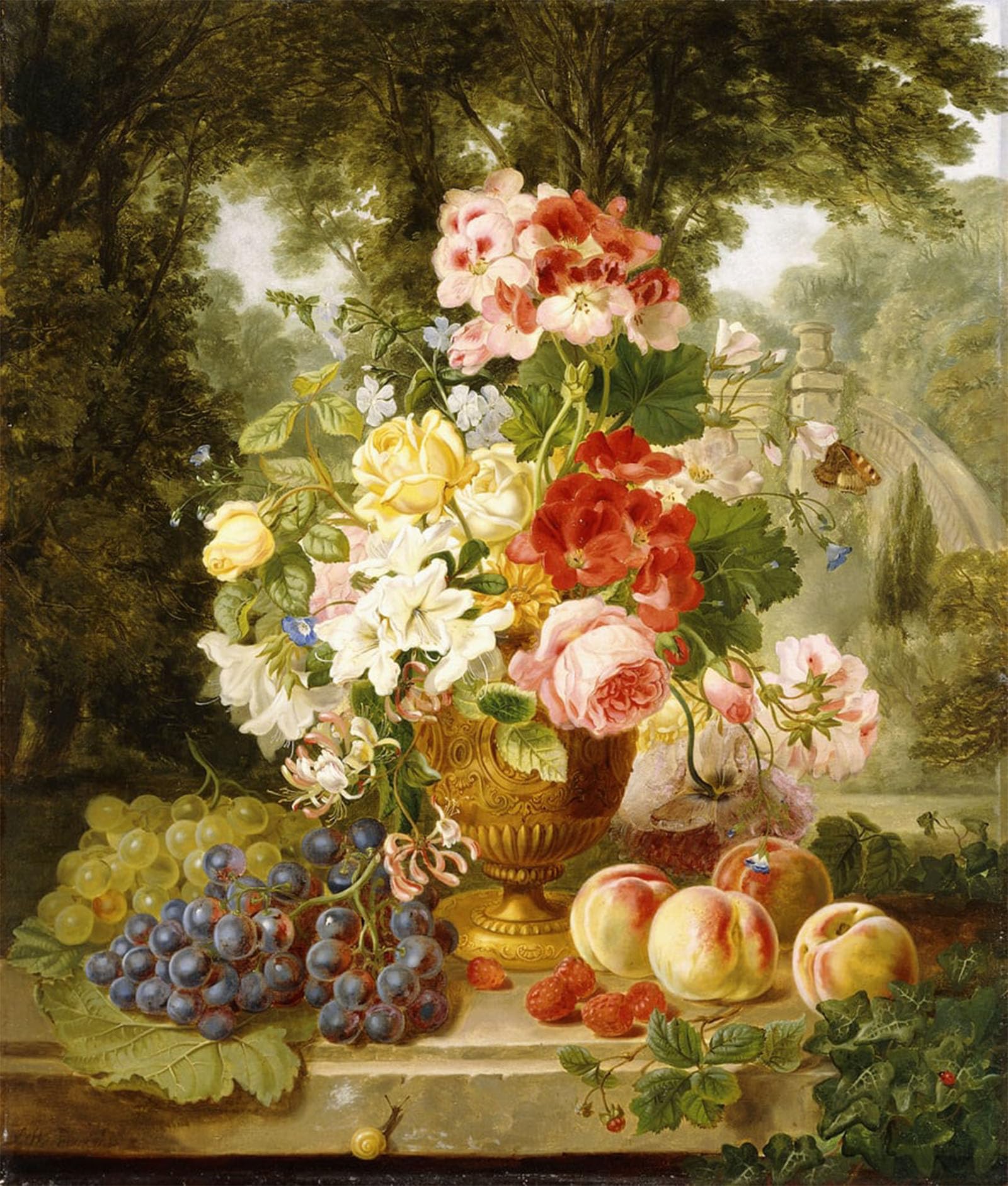 ARTXLXXBN Famous Painting Canvas Artwork Graffiti Print a Vase of Summer Flowers and Fruit on a Ledge in a Landscape by William Wainwright Portrait Canvas Image for Home Decor 60x90cm