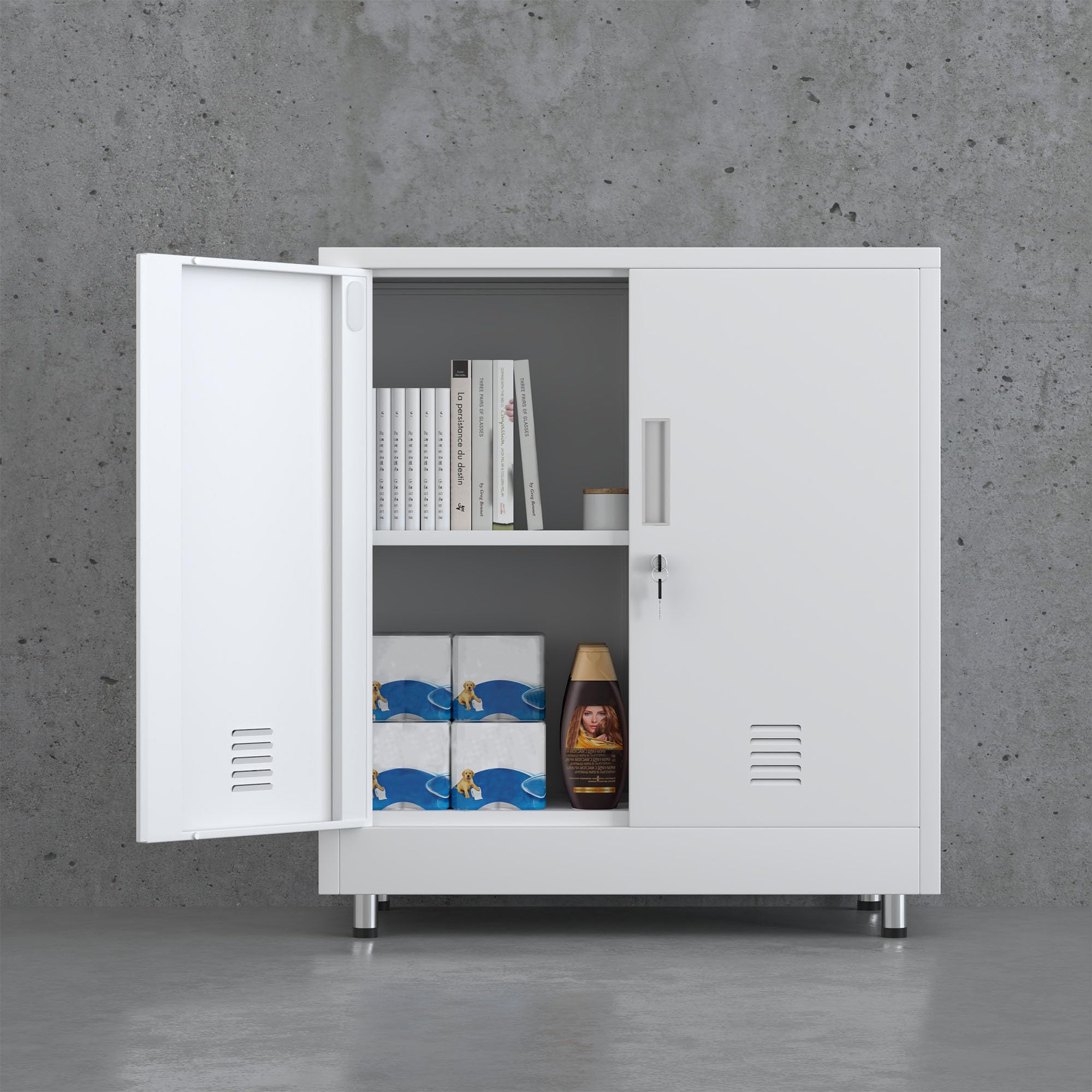 JINGUR Aktenschrank Büroschrank Lagerschrank Metallschrank Stahlschrank, Abschließbar Mehrzweckschrank Kleiner Schrank Buffetschrank Flurschrank (Weiß)