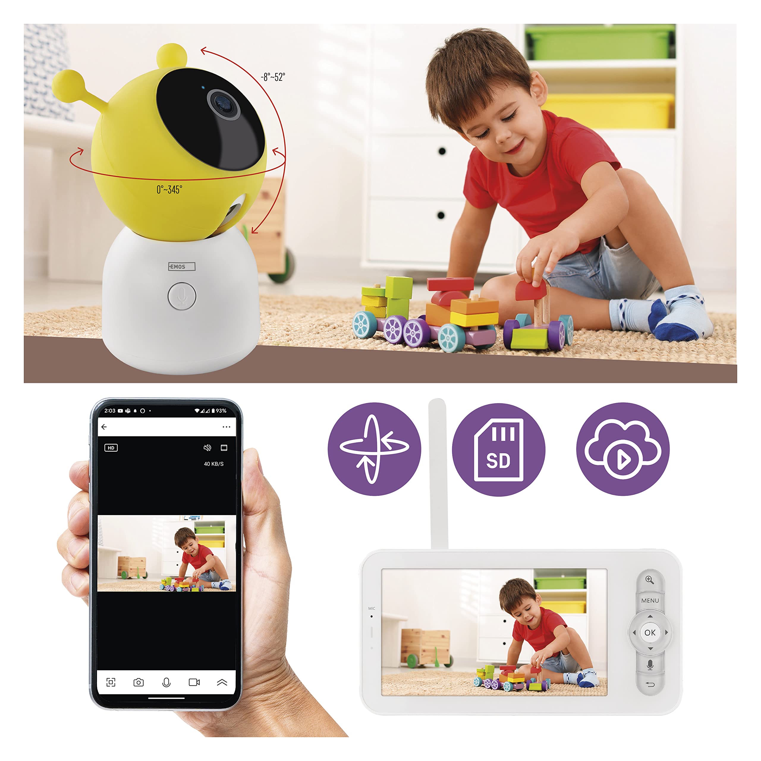 EMOS GoSmart Babyphone IP-500 Guard con monitor LCD da 5" e batteria da 3000 mAh, Wi-Fi e app, girevole, messa a fuoco, audio a 2 vie, visione notturna IR, sensore intelligente e funzioni di