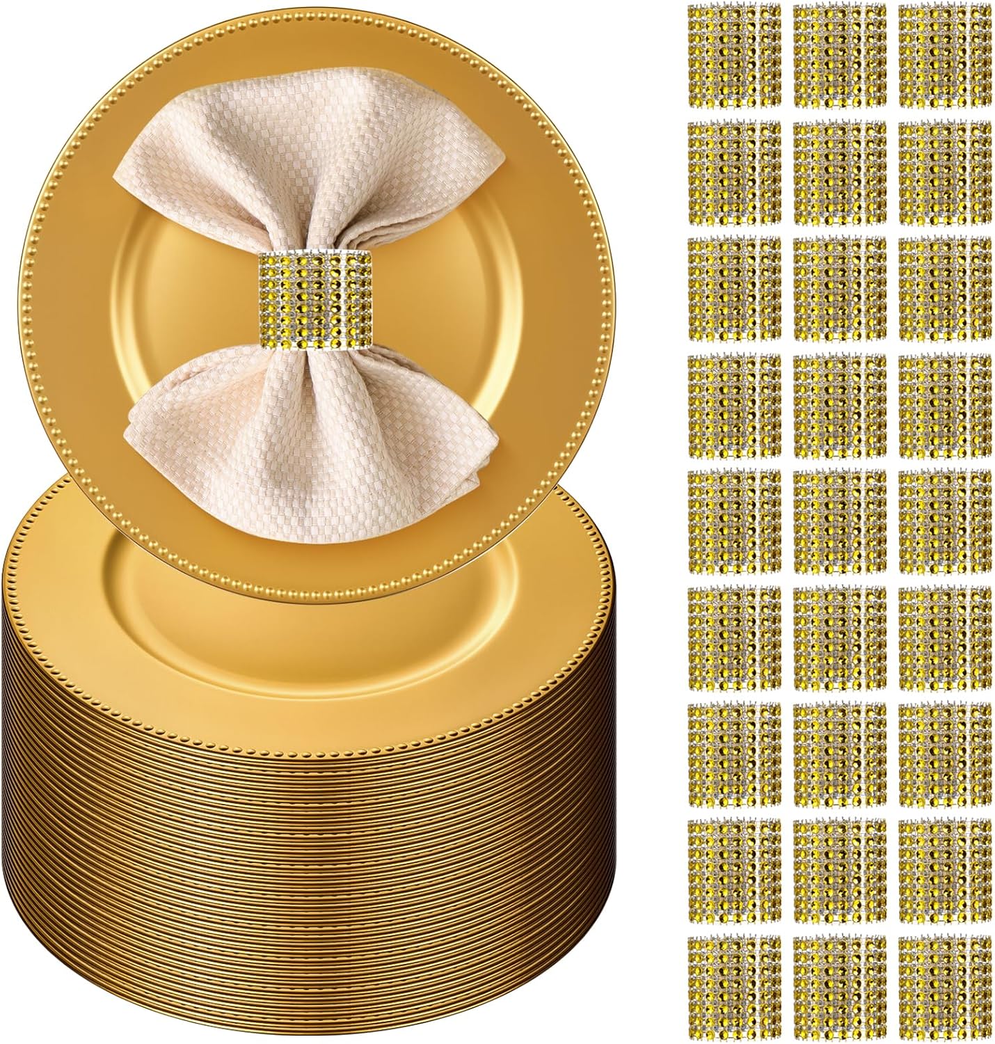 200pcs Gold Charger Plates With Napkin Rings Set Include 100 Gold Beaded Charger Plates 100 Napkin Rings, 13 Inch Plastic Round Chargers for Dinner, Wedding, Birthday, Party, Banquet, Table Setting 200PCS ?100 Sets?