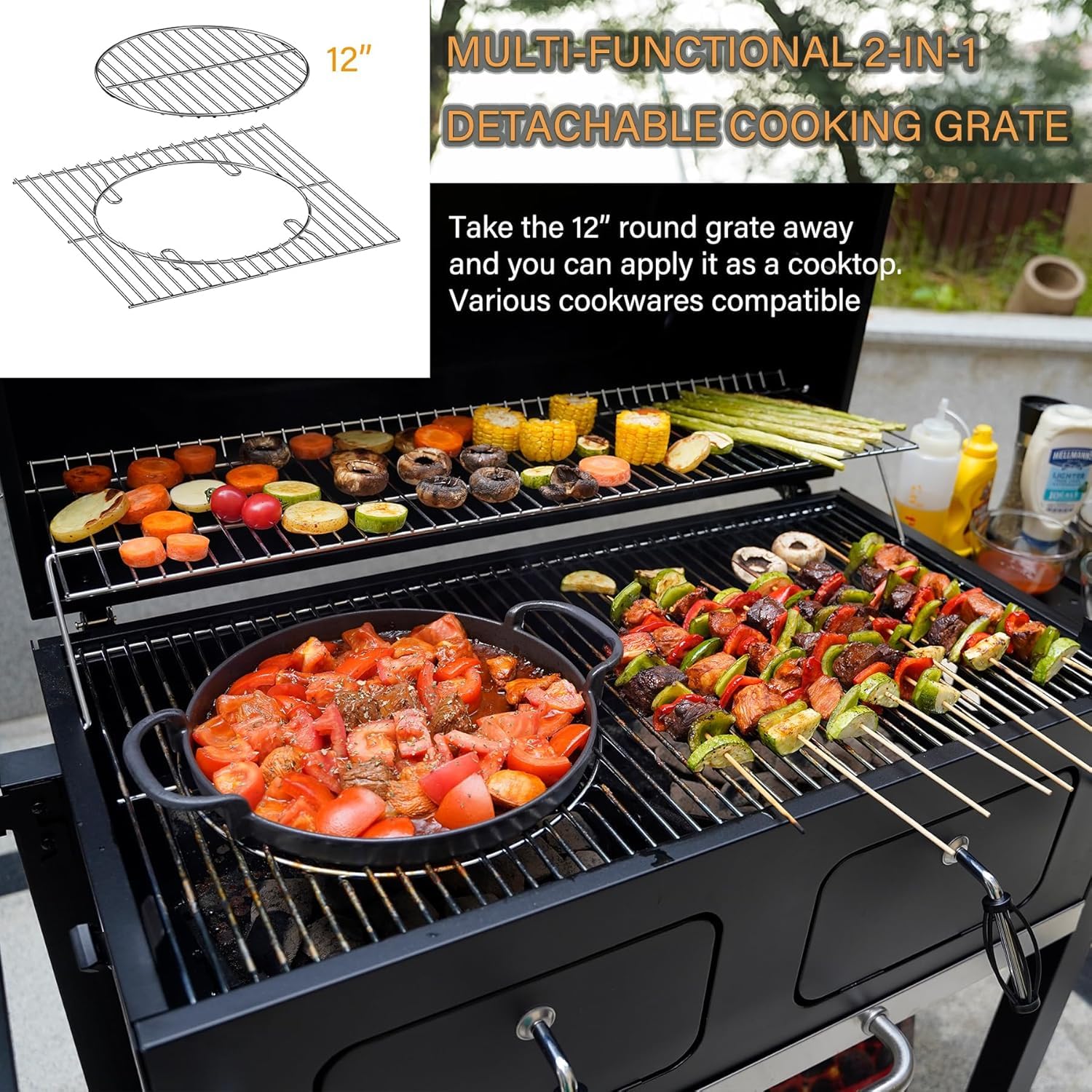 Onlyfire BBQ grill na węgiel drzewny, duży grill na węgiel drzewny z pokrywką, kółkami, ruszt do grillowania ze stali nierdzewnej, płyty osłonowe, regulowana szuflada na węgiel drzewny, wózek na