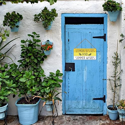 Miniatura 4 de Letrero de bienvenida con texto en inglés Hello Summer para puerta delantera, besos de limón y deseos de verano, letrero de bienvenida de limón para
