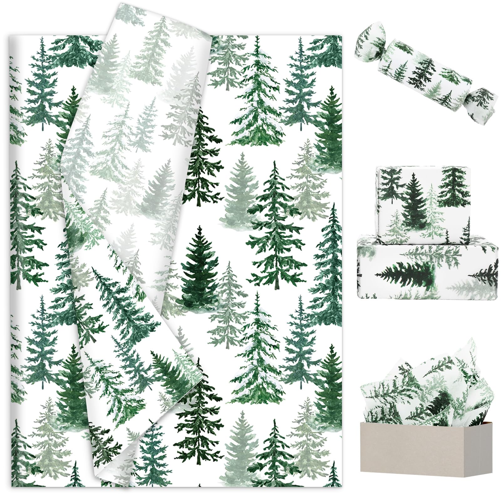 JarThenaAMCS 100 Sheets Christmas Tissue Paper Watercolor Pine Gift Wrapping Paper Xmas Tree Decorative Art Paper for Winter Home Party DIY Crafts