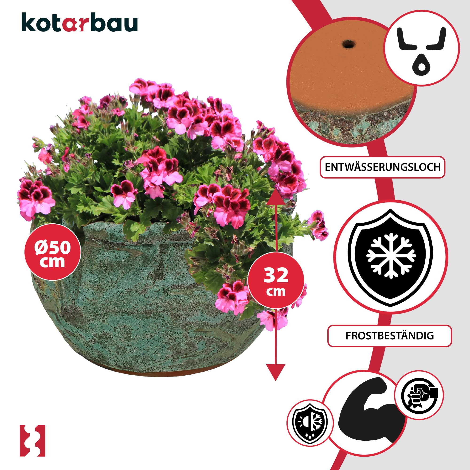 KOTARBAU Vaso da fiori in ceramica, grande, altezza 32 cm, diametro 50 cm, per esterni, grande e resistente al gelo, per esterni e interni, vaso per orchidee in ceramica
