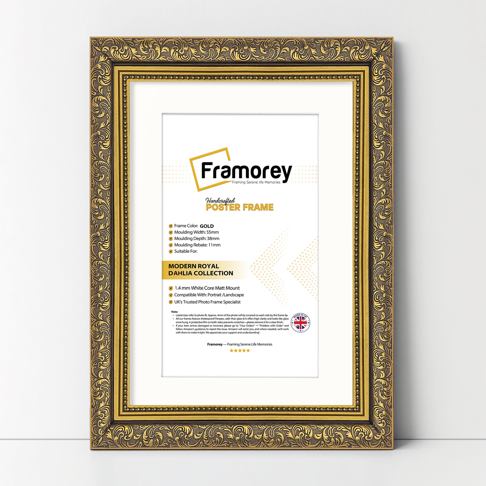 FRAMOREY Dahlia Ornate Effect Picture Frames, A3 Size Gold Photo Frame With A4 Size White Mount, Traditional Wall Art Poster Frames, Photo Print Frame
