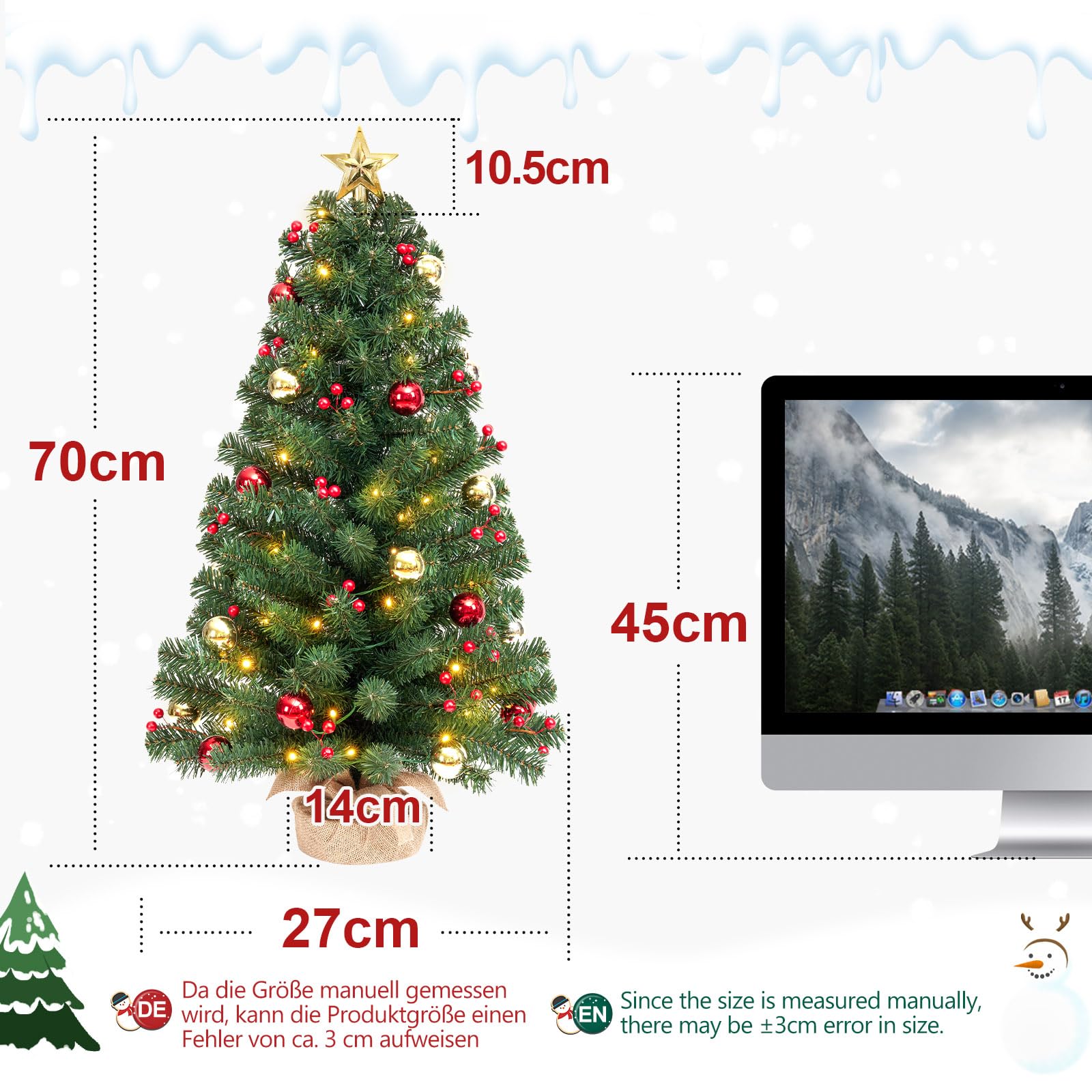Yorbay Mini Weihnachtsbaum mit 50 Warmweiß LEDs: Tischbaum mit 8 Licht Modi | Tannenbaum mit Stern-Baumspitze und Deko Batterie betrieben - 70cm Künstlicher Christbaum mit Fernbedienung für Weihnachten