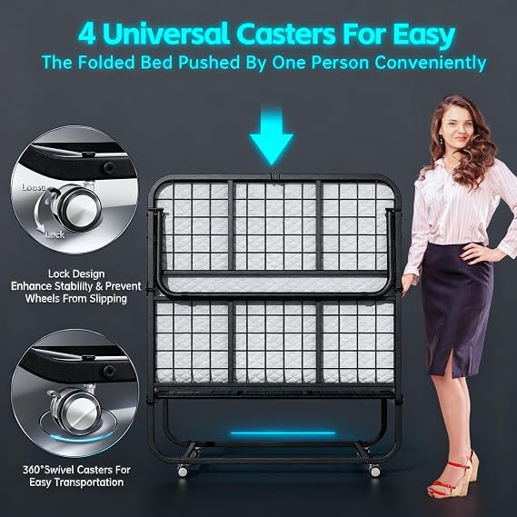 Pataku Folding Bed with Mattress, Twin Foldable Bed, Roll Away Beds for Adults, 75 x 38 Roll Away Portable Beds with 5 Mattress, Folded Frame for Small Apartment, Guest Room