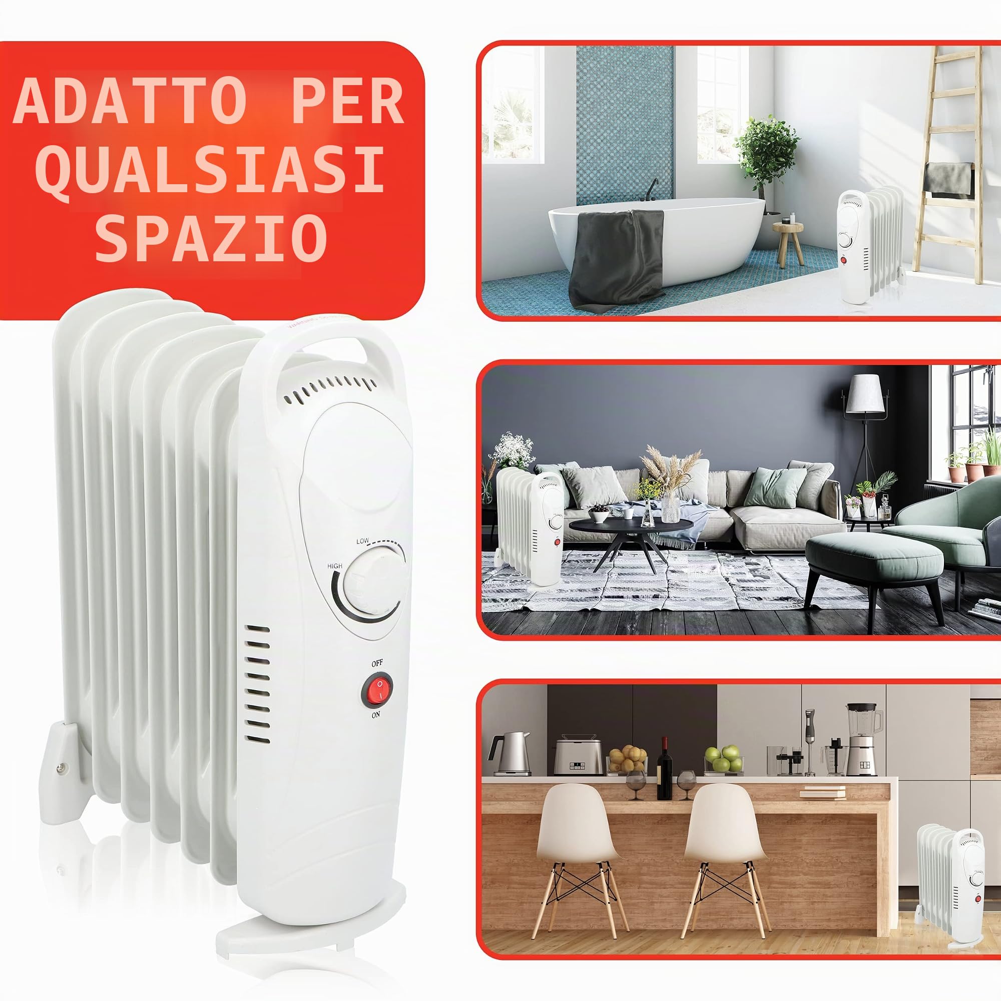 alpina Radiatore a olio 850 W, 7 elementi, termostato meccanico, riscaldamento elettrico a risparmio energetico, regolatore di potenza a basso consumo energetico, compatto e portatile, bianco, normale